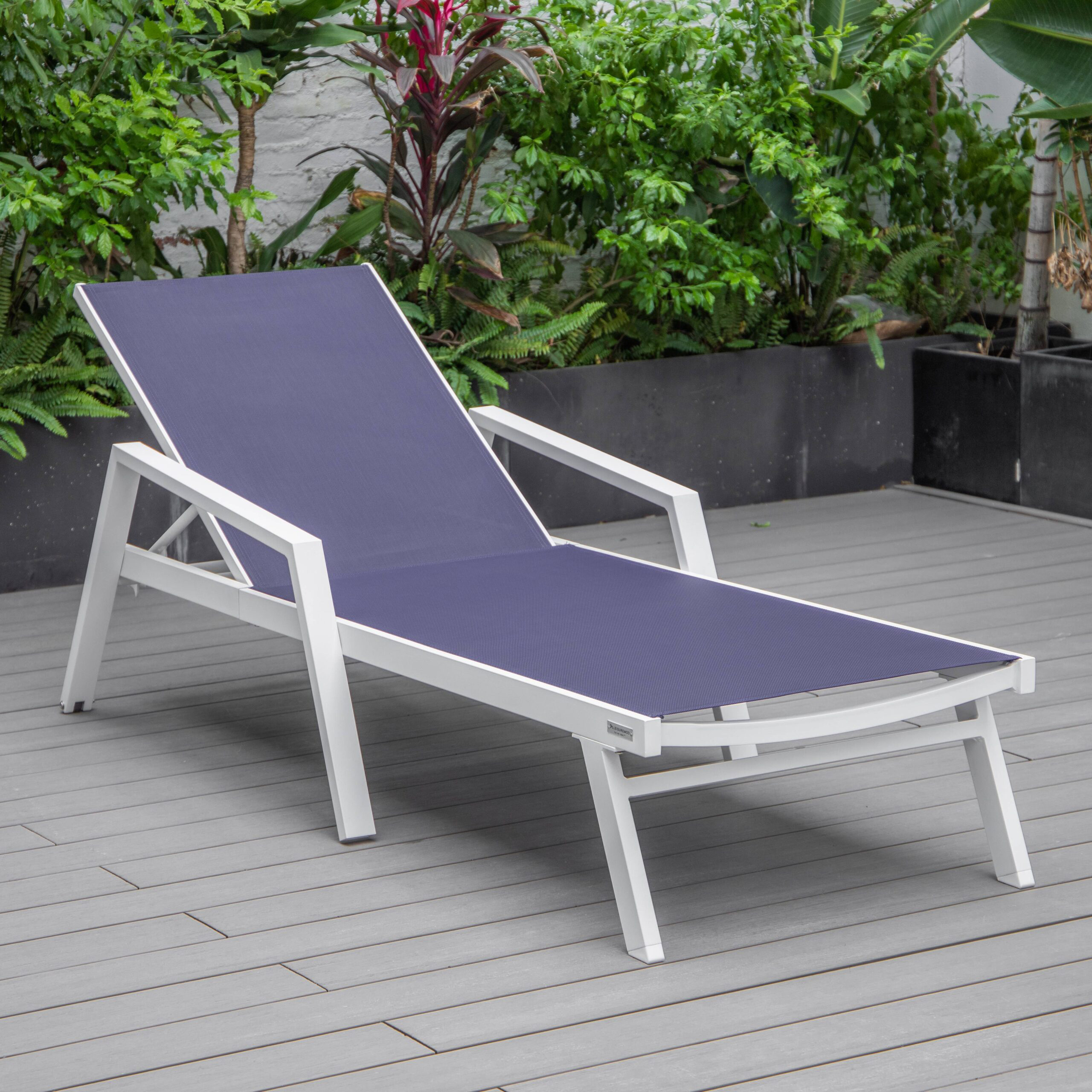 LeisureMod Marlin Patio Chaise Lounge Chair With Armrests In White Aluminum Frame - Navy Blue