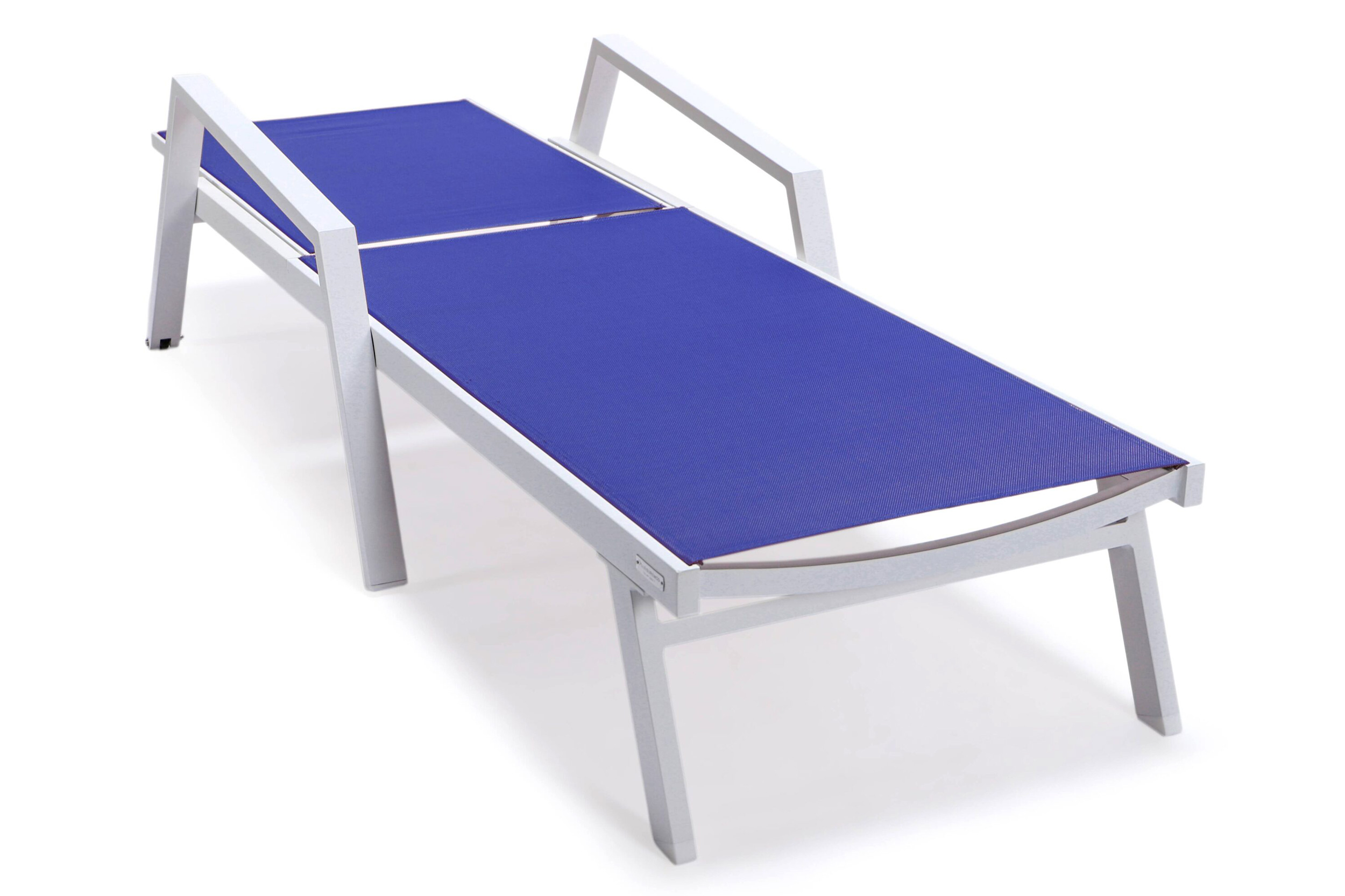 LeisureMod Marlin Patio Chaise Lounge Chair With Armrests In White Aluminum Frame - Navy Blue