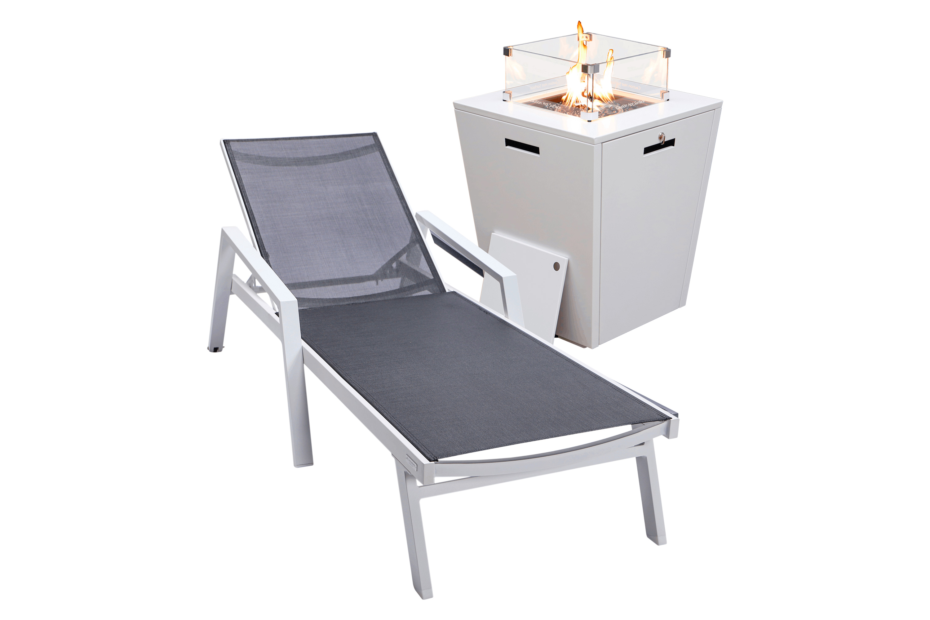 LeisureMod Marlin Modern Black Aluminum Outdoor Chaise Lounge Chair With Arms and Square Fire Pit Side Table for Patio