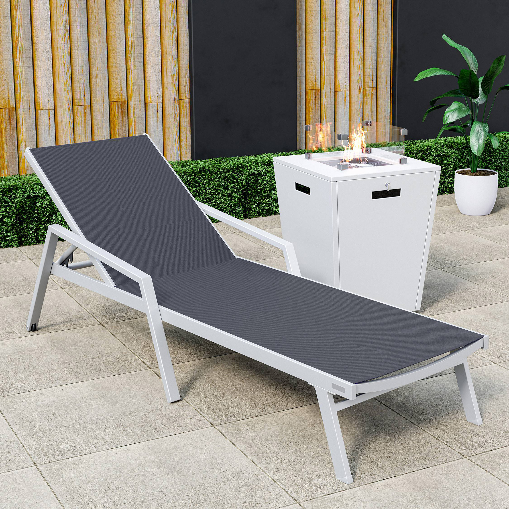 LeisureMod Marlin Modern White Aluminum Outdoor Chaise Lounge Chair With Arms and Square Fire Pit Side Table for Patio - Black