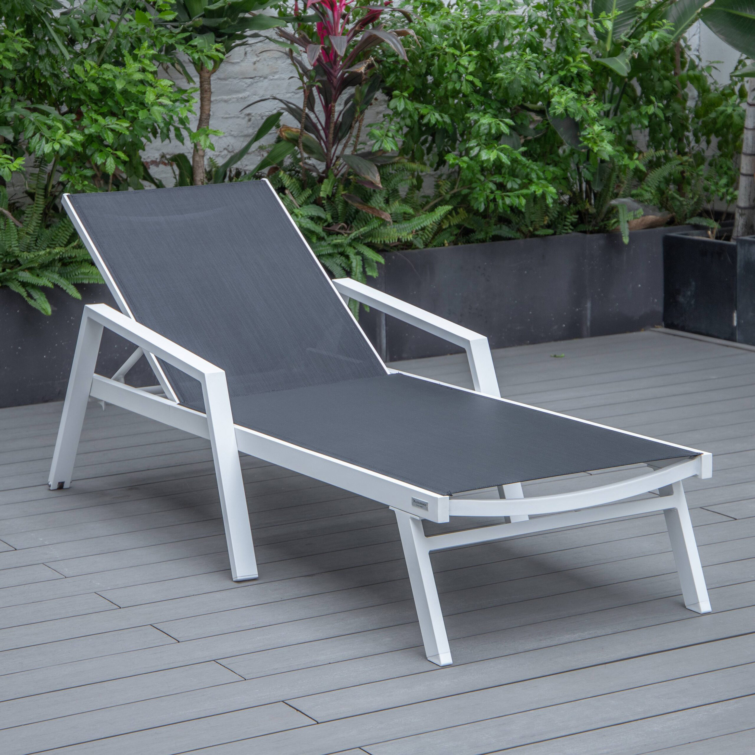 LeisureMod Marlin Modern White Aluminum Outdoor Chaise Lounge Chair With Arms and Square Fire Pit Side Table for Patio - Black