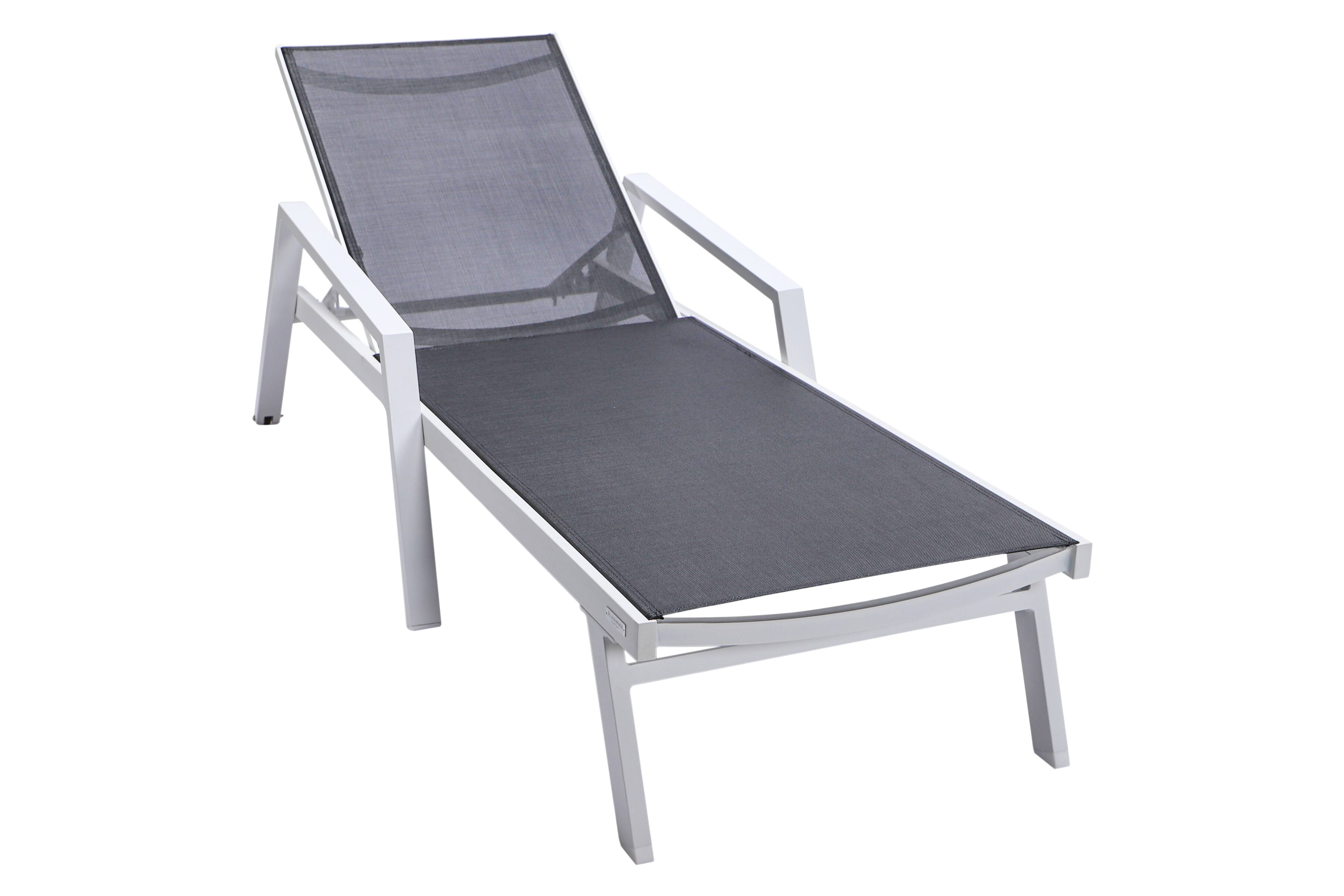 LeisureMod Marlin Modern White Aluminum Outdoor Chaise Lounge Chair With Arms and Square Fire Pit Side Table for Patio - Black