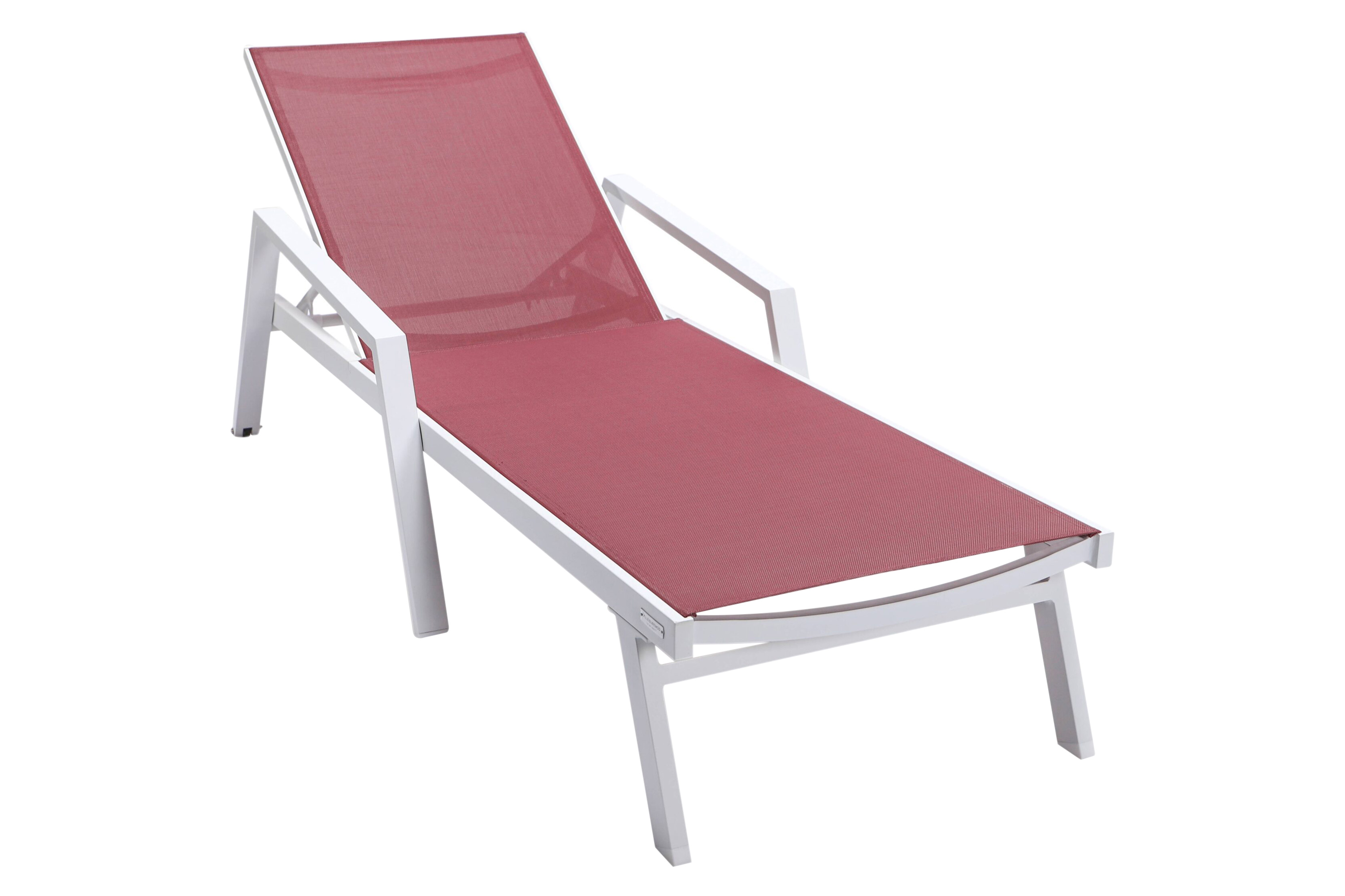 LeisureMod Marlin Modern White Aluminum Outdoor Chaise Lounge Chair With Arms and Square Fire Pit Side Table for Patio - Burgundy