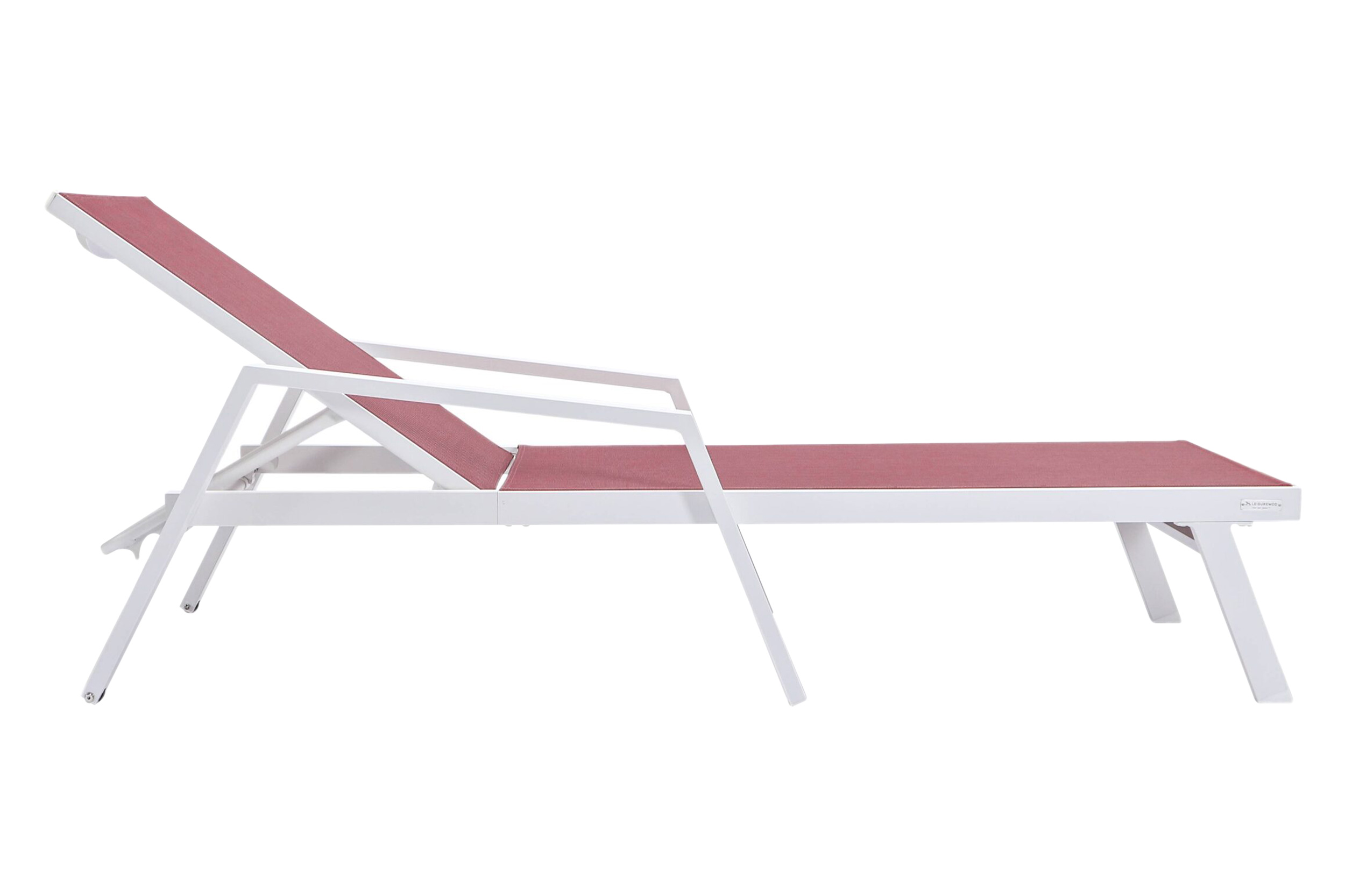 LeisureMod Marlin Modern White Aluminum Outdoor Chaise Lounge Chair With Arms and Square Fire Pit Side Table for Patio - Burgundy