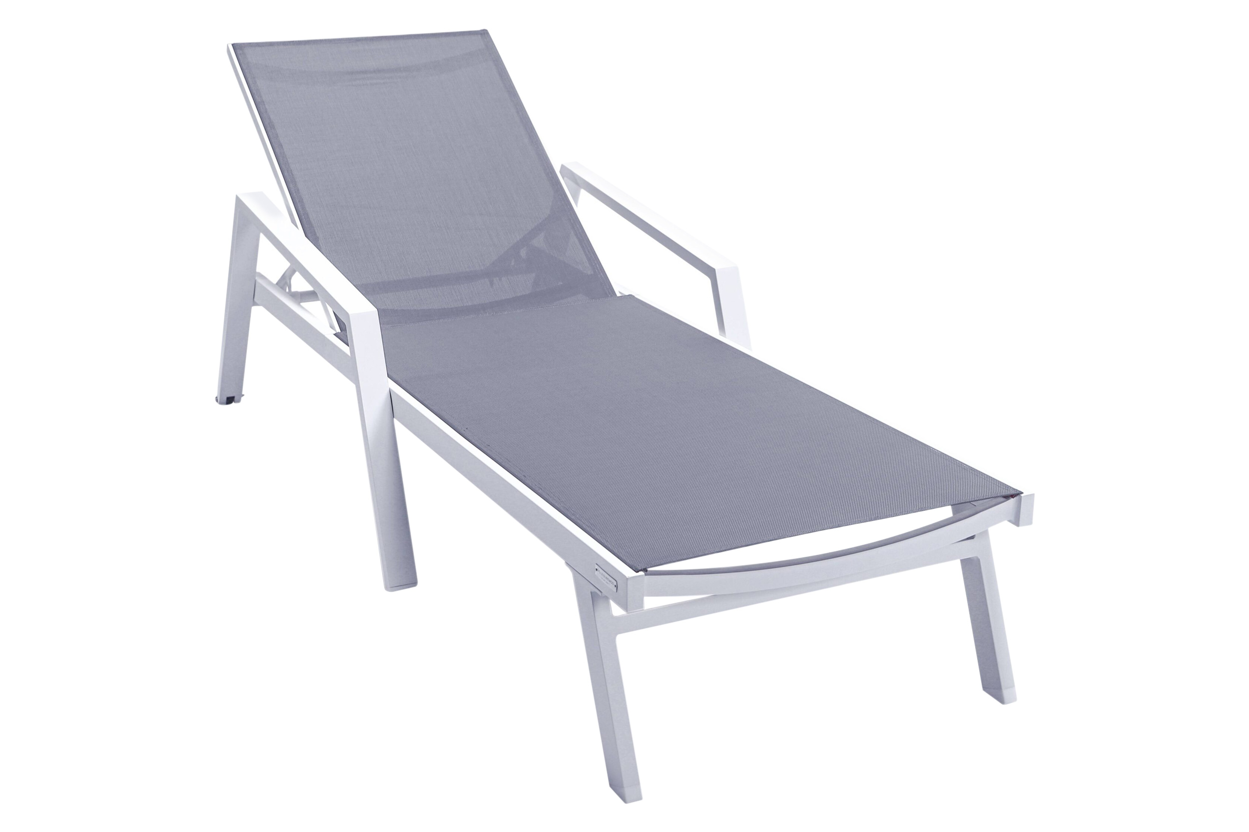 LeisureMod Marlin Modern White Aluminum Outdoor Chaise Lounge Chair With Arms and Square Fire Pit Side Table for Patio - Dark Gray