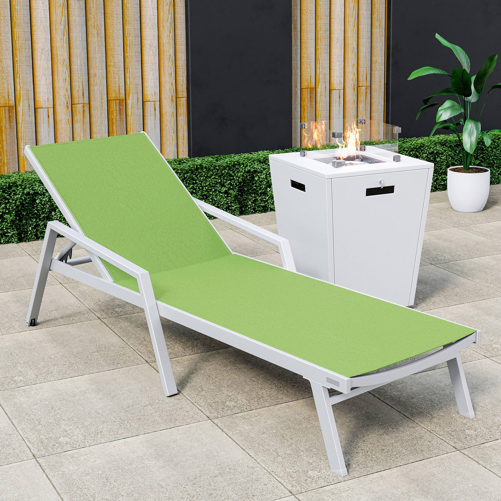 LeisureMod Marlin Modern White Aluminum Outdoor Chaise Lounge Chair With Arms and Square Fire Pit Side Table for Patio - Green