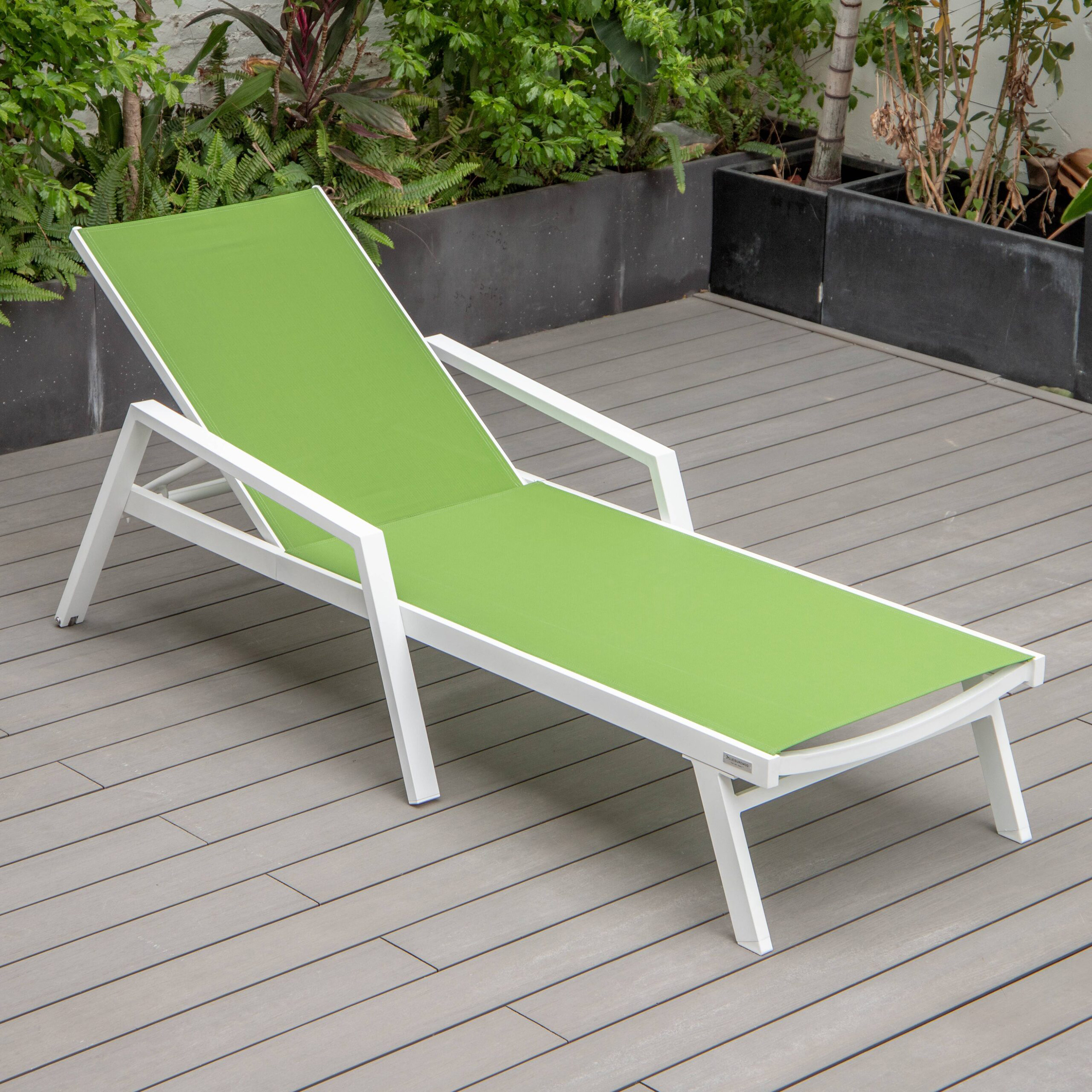 LeisureMod Marlin Modern White Aluminum Outdoor Chaise Lounge Chair With Arms and Square Fire Pit Side Table for Patio - Green