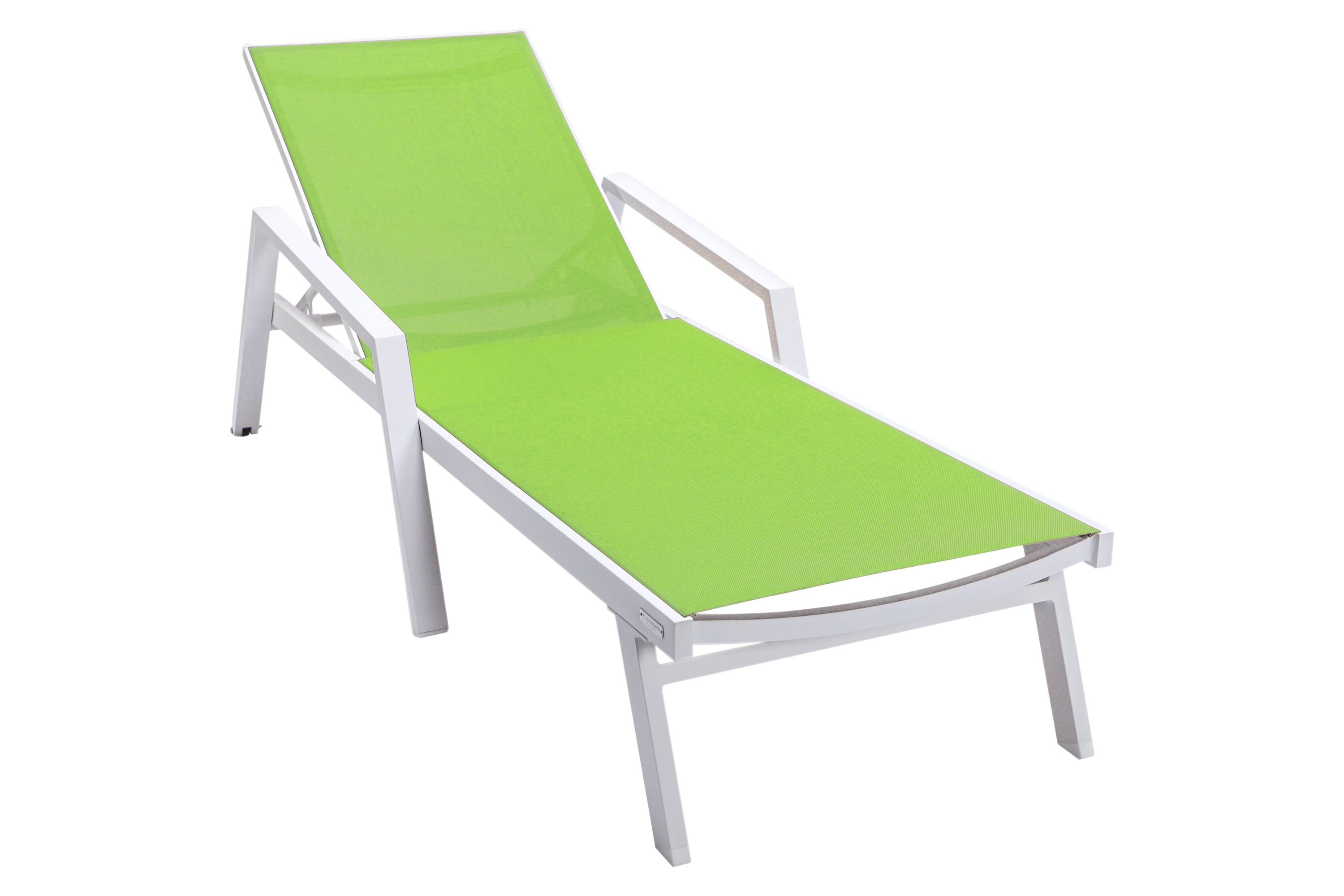 LeisureMod Marlin Modern White Aluminum Outdoor Chaise Lounge Chair With Arms and Square Fire Pit Side Table for Patio - Green