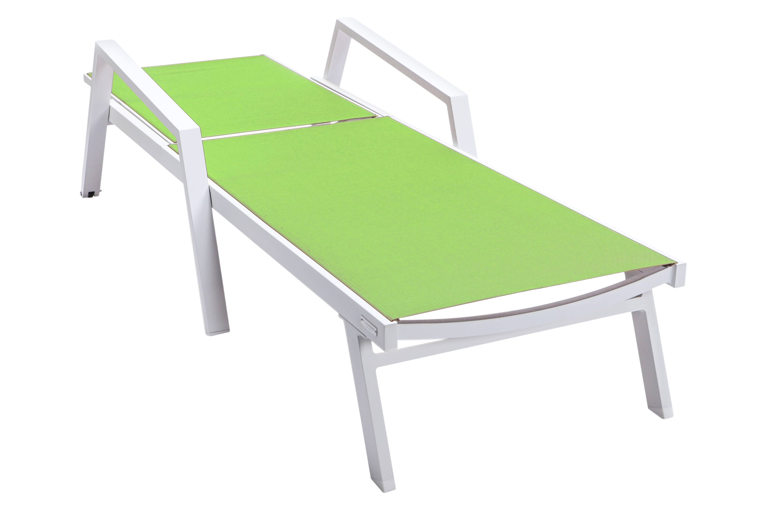 LeisureMod Marlin Modern White Aluminum Outdoor Chaise Lounge Chair With Arms and Square Fire Pit Side Table for Patio - Green