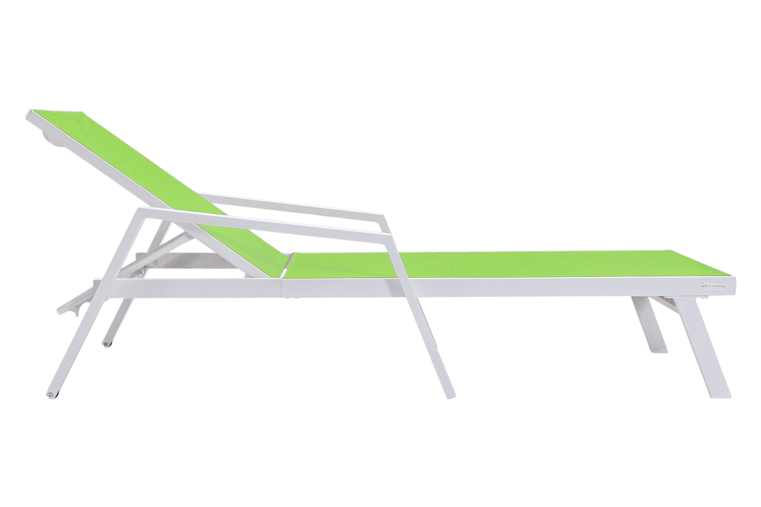 LeisureMod Marlin Modern White Aluminum Outdoor Chaise Lounge Chair With Arms and Square Fire Pit Side Table for Patio - Green