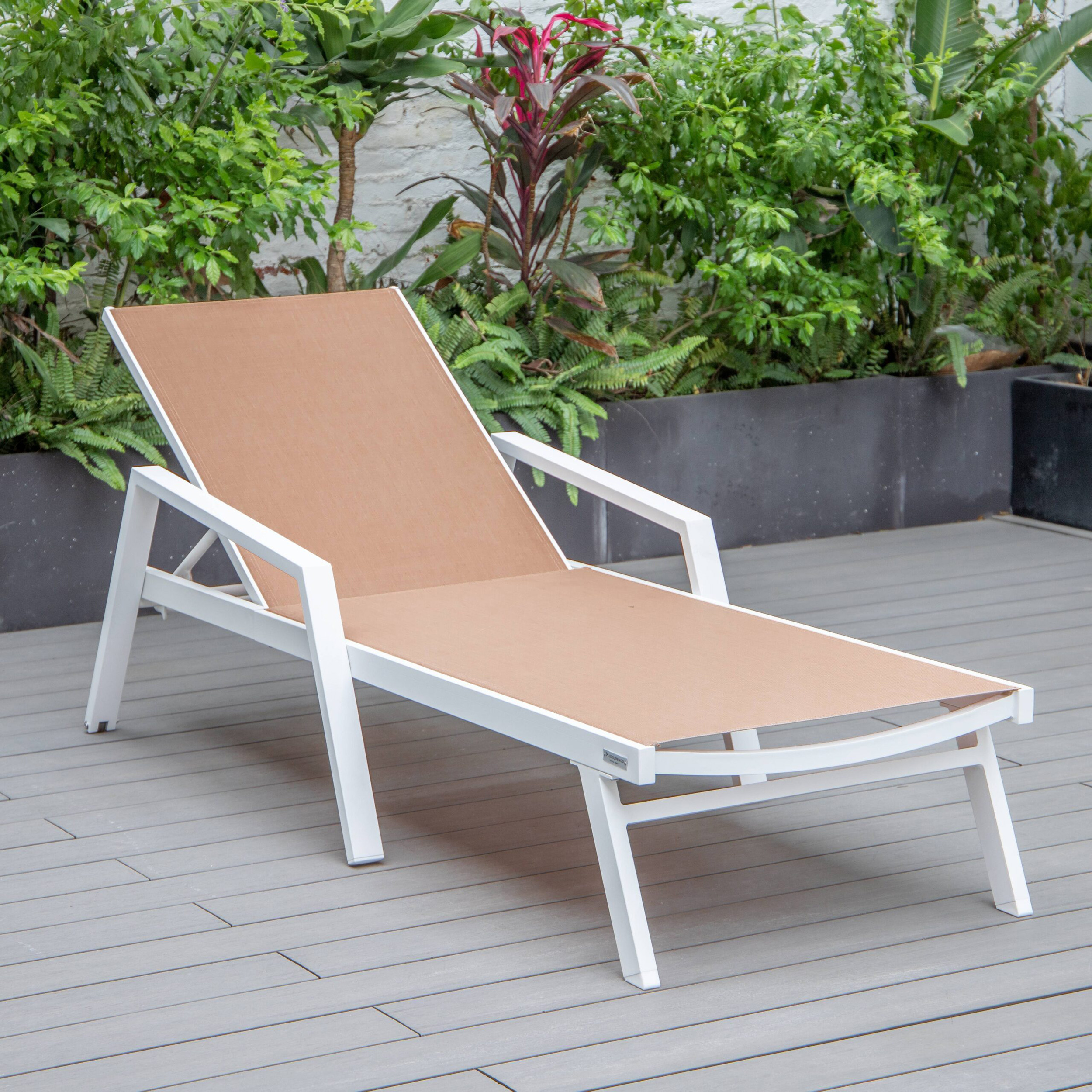 LeisureMod Marlin Modern White Aluminum Outdoor Chaise Lounge Chair With Arms and Square Fire Pit Side Table for Patio - Light Brown