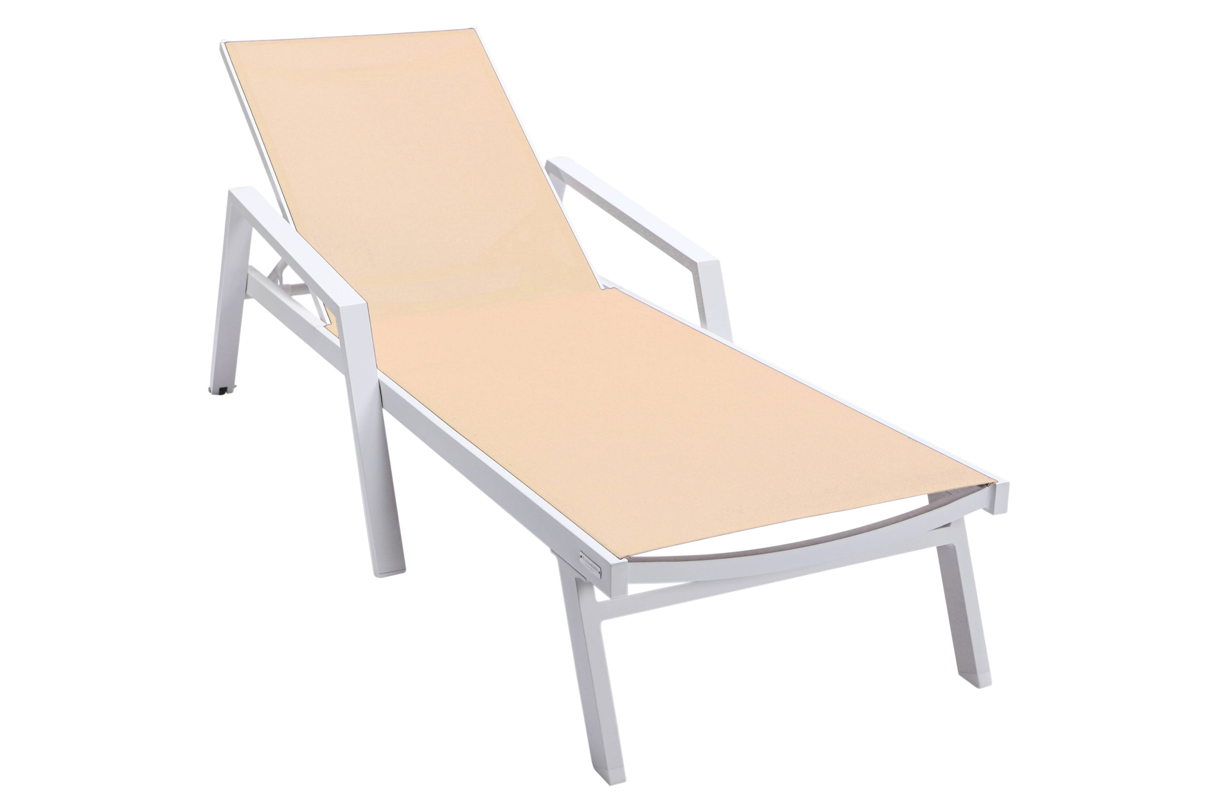 LeisureMod Marlin Modern White Aluminum Outdoor Chaise Lounge Chair With Arms and Square Fire Pit Side Table for Patio - Light Brown