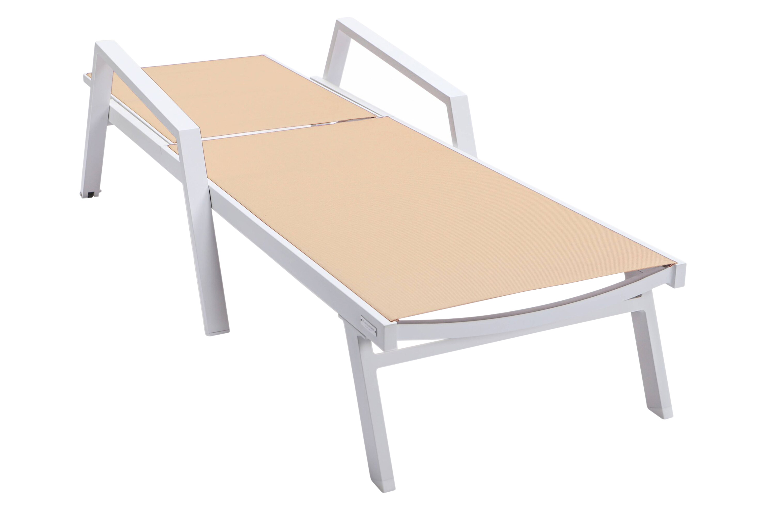 LeisureMod Marlin Modern White Aluminum Outdoor Chaise Lounge Chair With Arms and Square Fire Pit Side Table for Patio - Light Brown