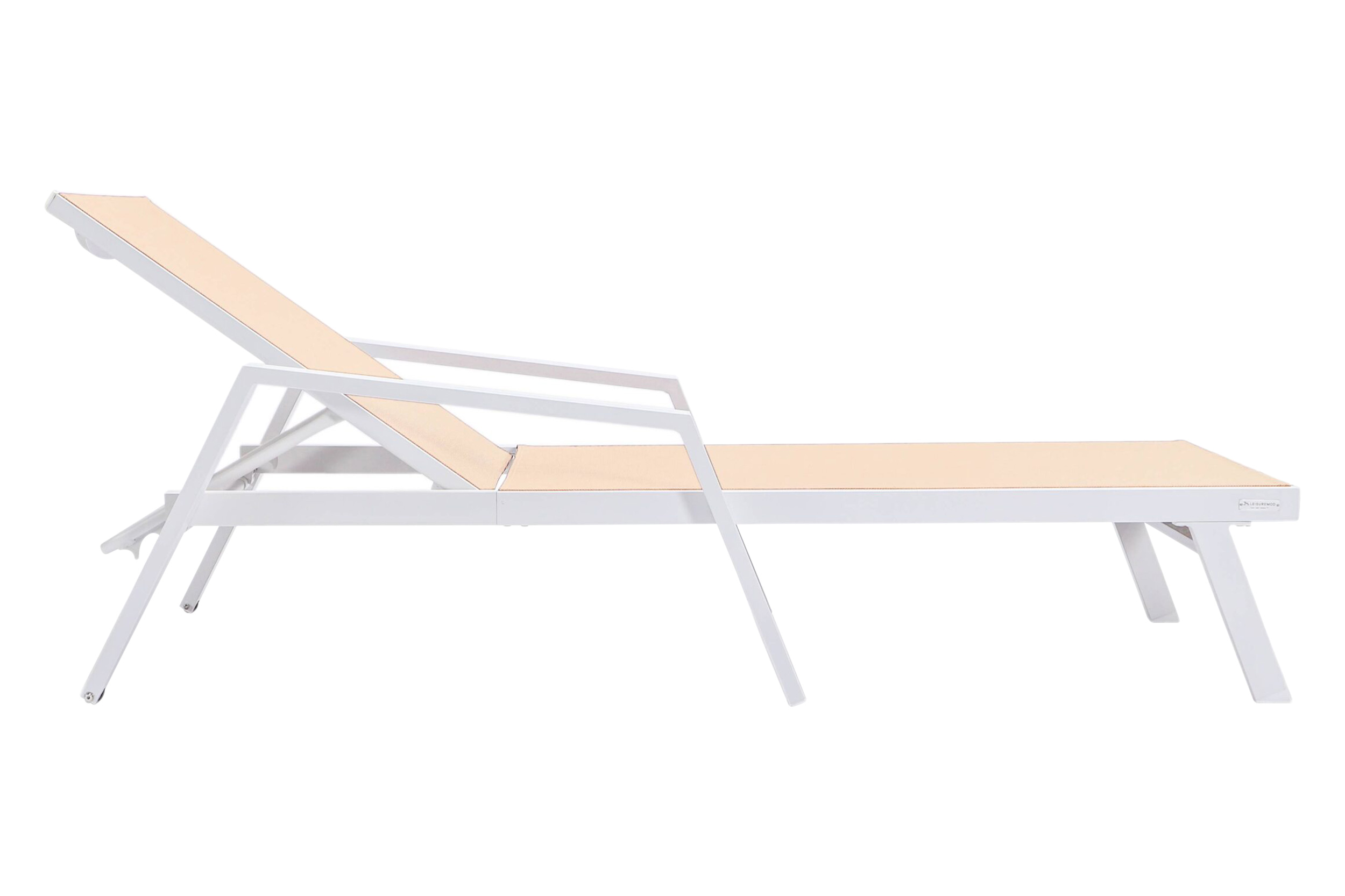 LeisureMod Marlin Modern White Aluminum Outdoor Chaise Lounge Chair With Arms and Square Fire Pit Side Table for Patio - Light Brown