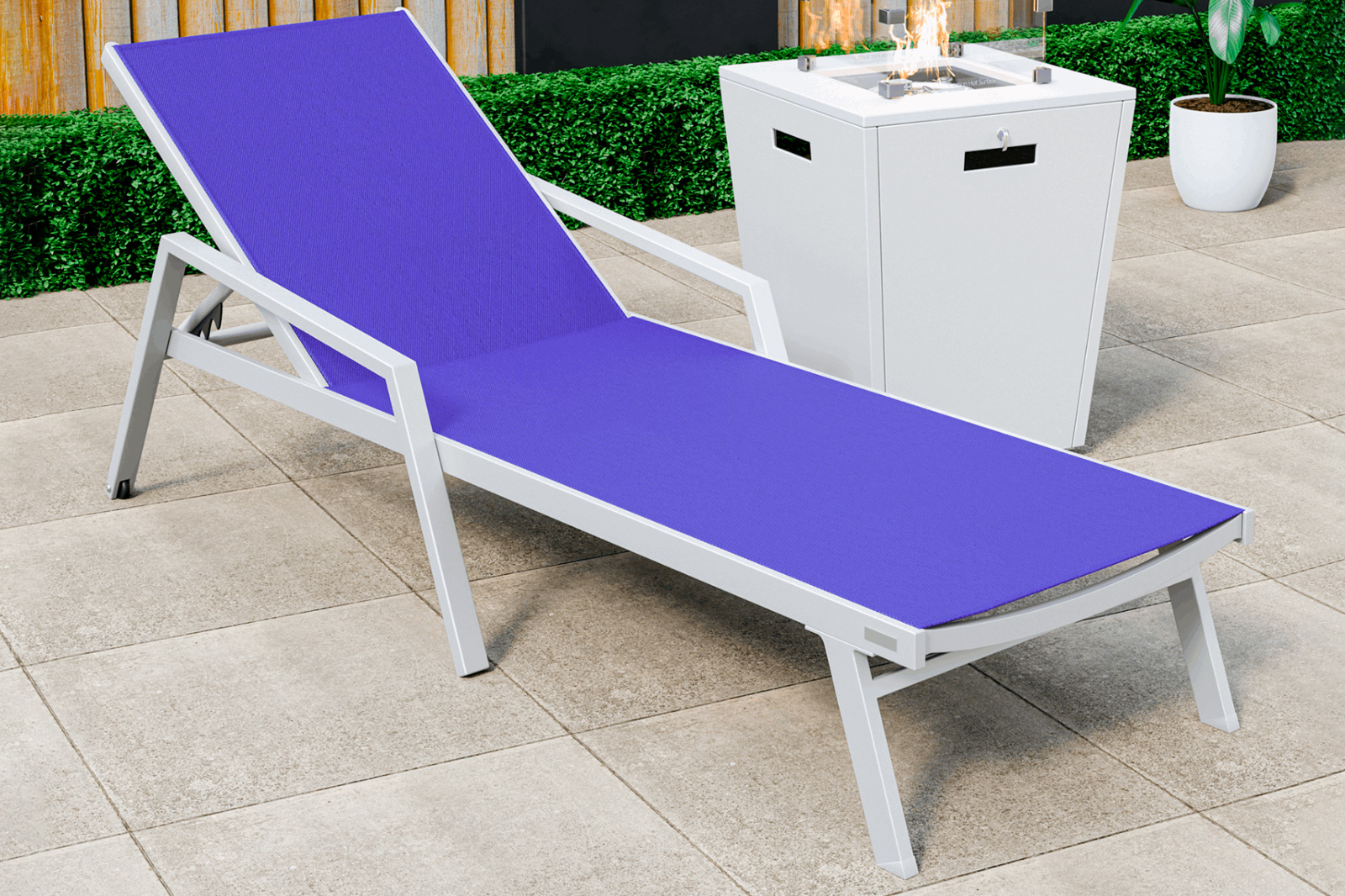 LeisureMod Marlin Modern White Aluminum Outdoor Chaise Lounge Chair With Arms and Square Fire Pit Side Table for Patio - Navy Blue