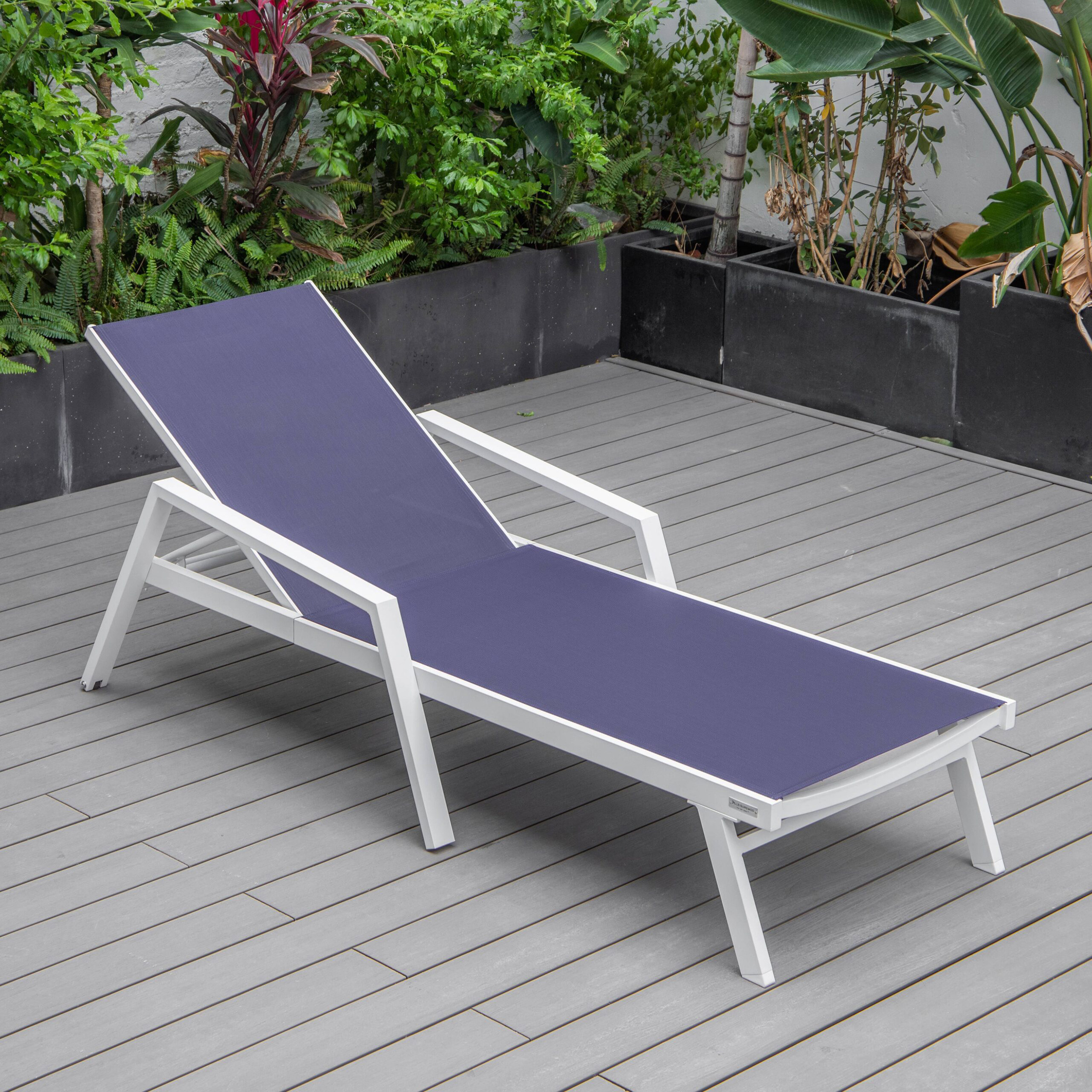 LeisureMod Marlin Modern White Aluminum Outdoor Chaise Lounge Chair With Arms and Square Fire Pit Side Table for Patio - Navy Blue