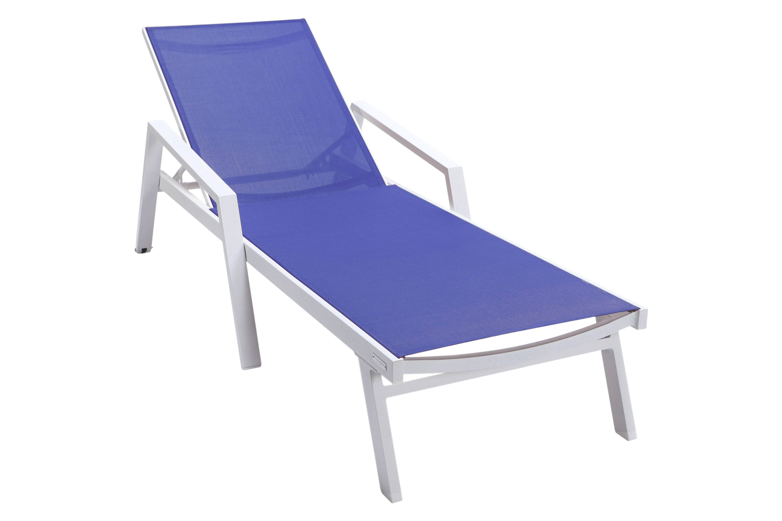 LeisureMod Marlin Modern White Aluminum Outdoor Chaise Lounge Chair With Arms and Square Fire Pit Side Table for Patio - Navy Blue