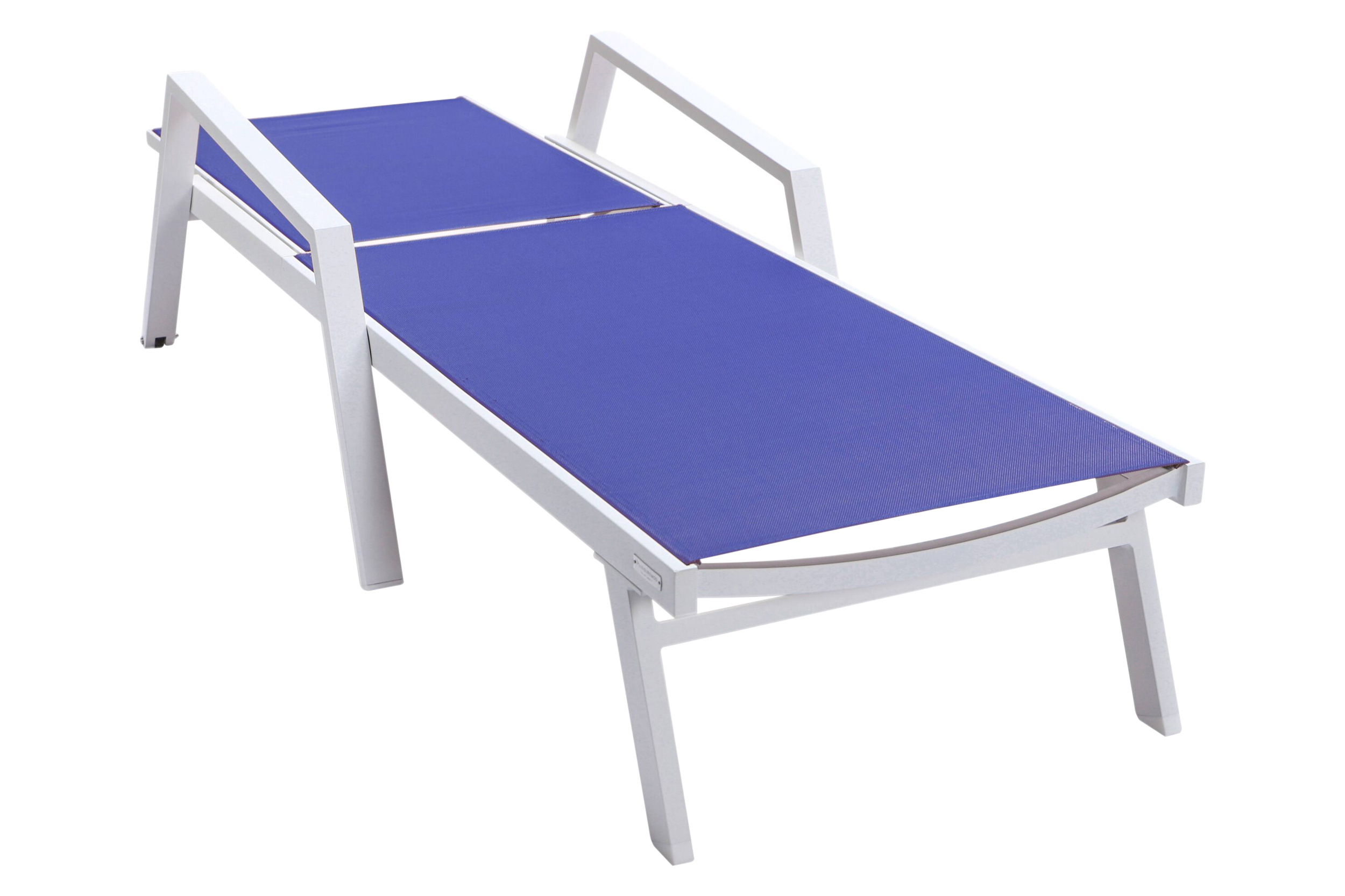 LeisureMod Marlin Modern White Aluminum Outdoor Chaise Lounge Chair With Arms and Square Fire Pit Side Table for Patio - Navy Blue