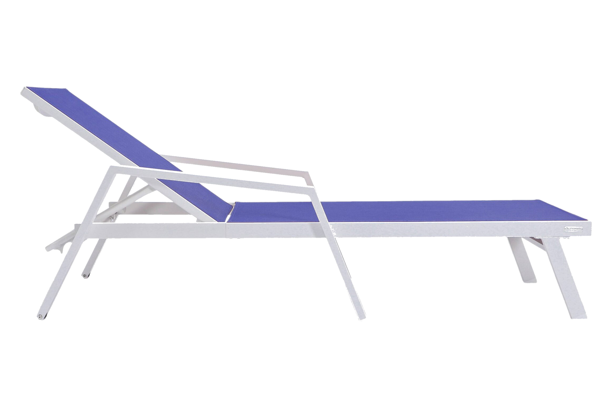 LeisureMod Marlin Modern White Aluminum Outdoor Chaise Lounge Chair With Arms and Square Fire Pit Side Table for Patio - Navy Blue