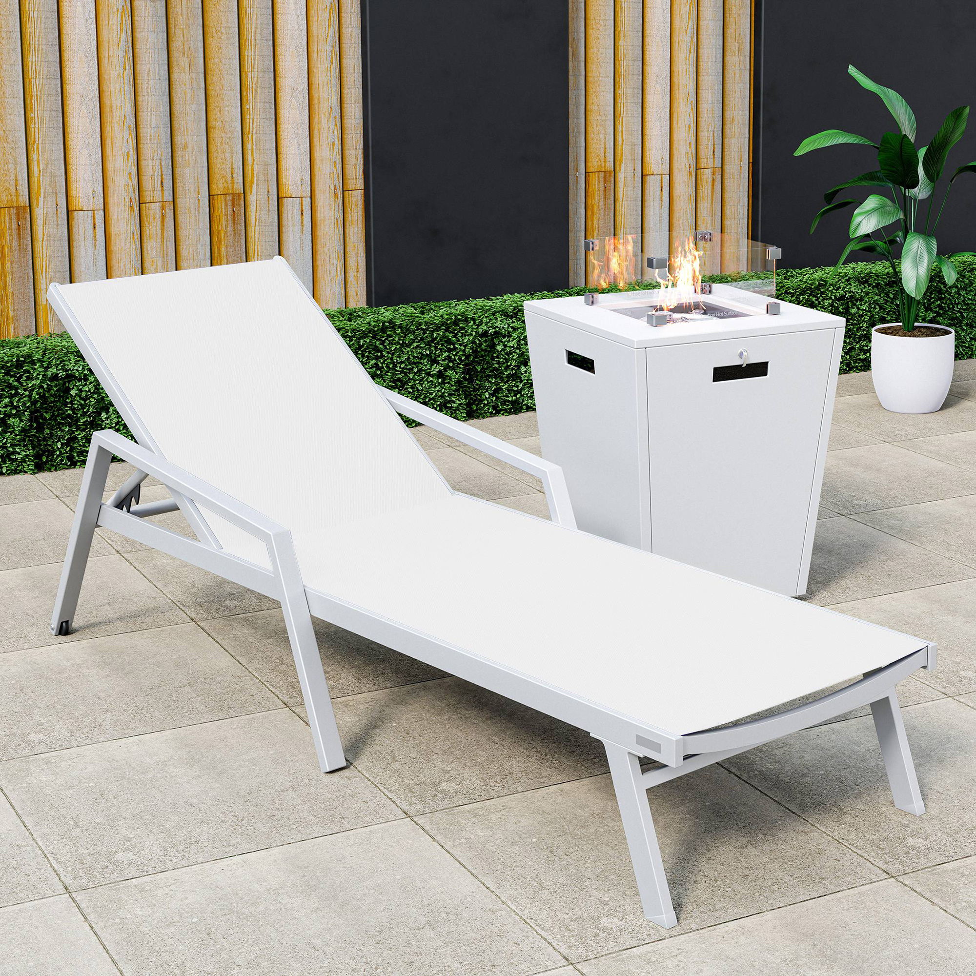 LeisureMod Marlin Modern White Aluminum Outdoor Chaise Lounge Chair With Arms and Square Fire Pit Side Table for Patio - White