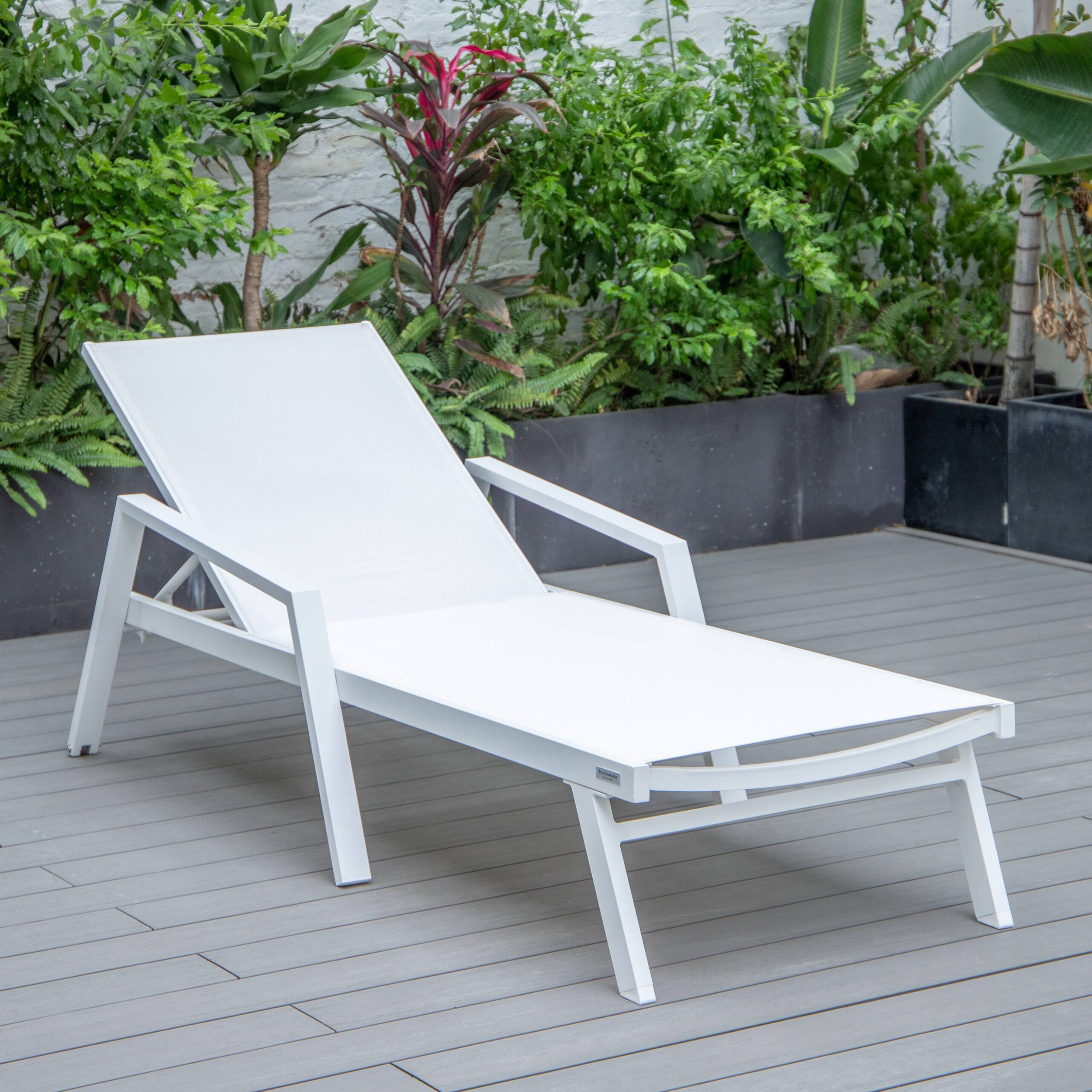 LeisureMod Marlin Modern White Aluminum Outdoor Chaise Lounge Chair With Arms and Square Fire Pit Side Table for Patio - White