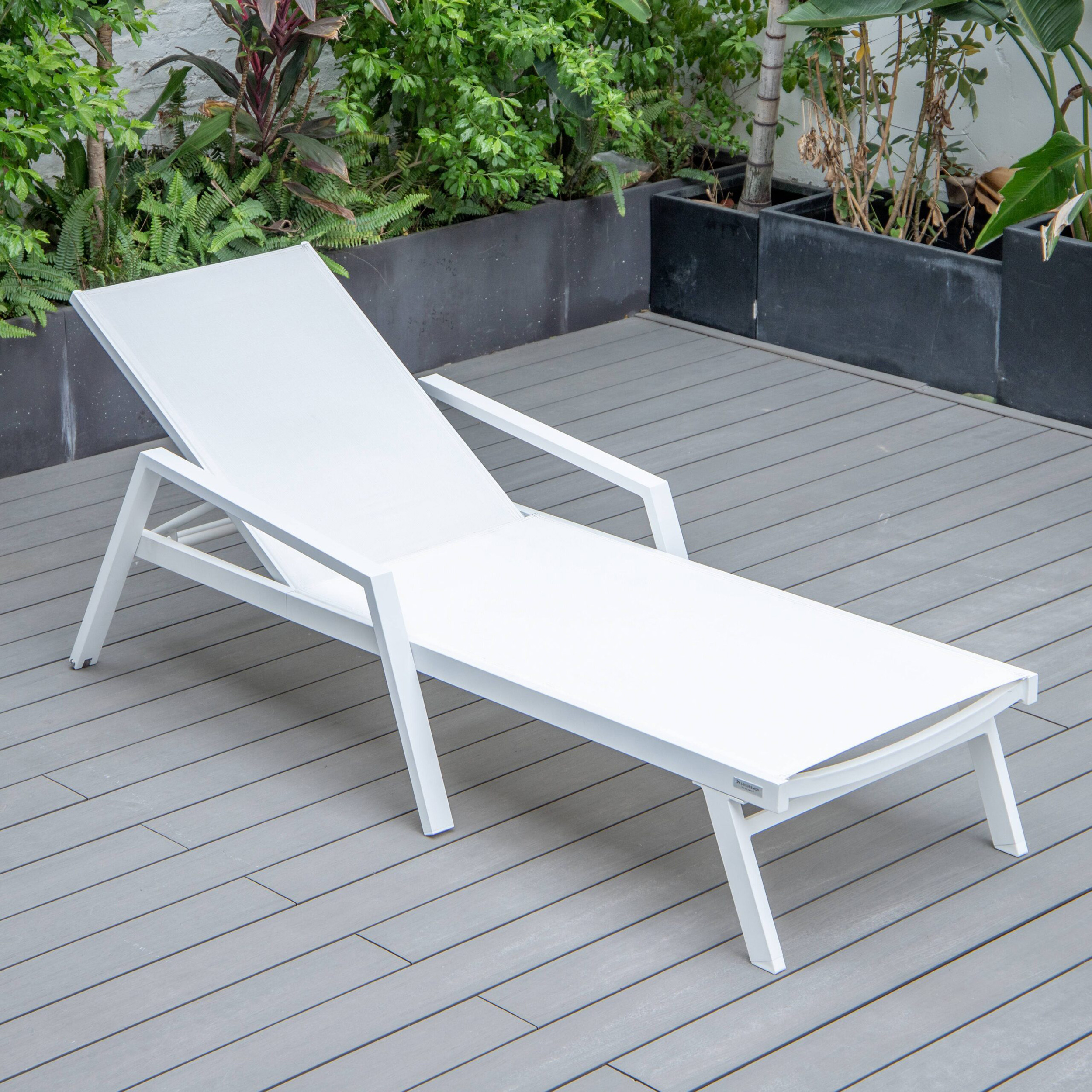 LeisureMod Marlin Modern White Aluminum Outdoor Chaise Lounge Chair With Arms and Square Fire Pit Side Table for Patio - White