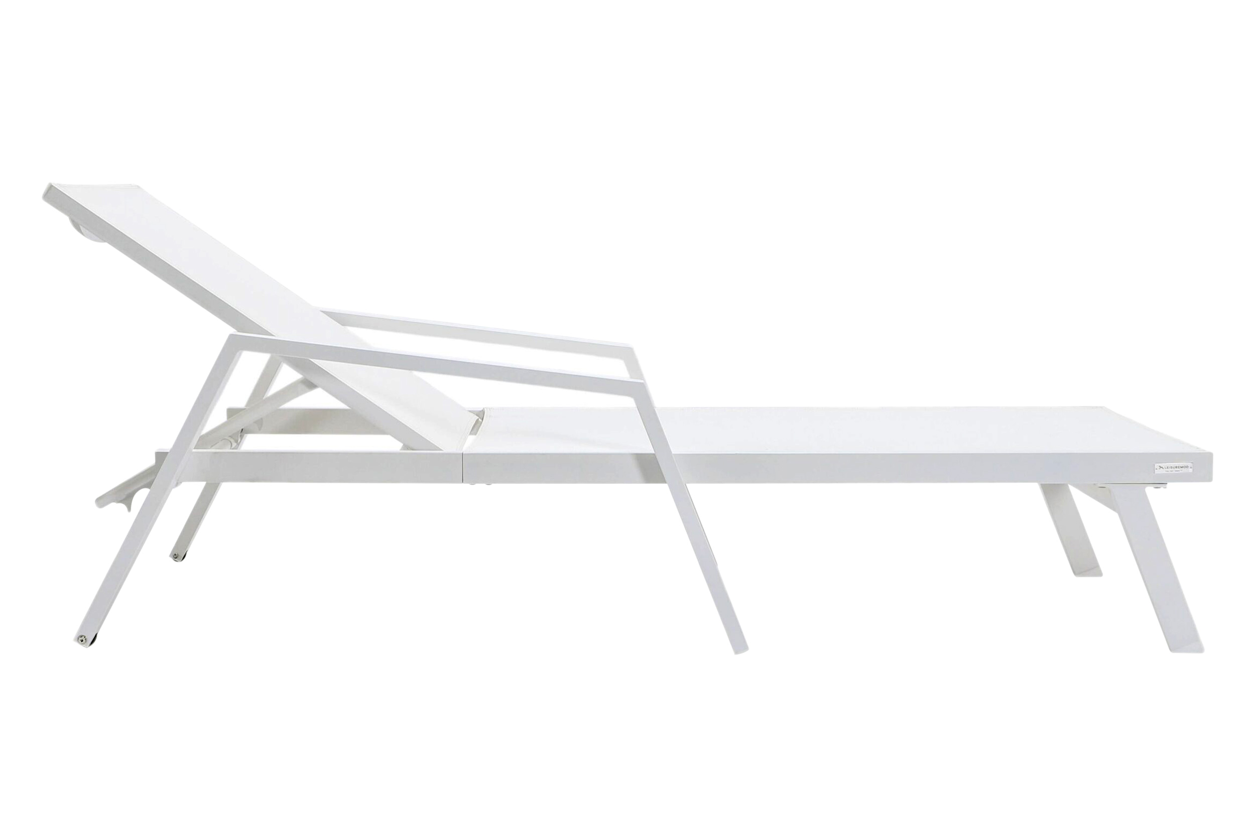 LeisureMod Marlin Modern White Aluminum Outdoor Chaise Lounge Chair With Arms and Square Fire Pit Side Table for Patio - White