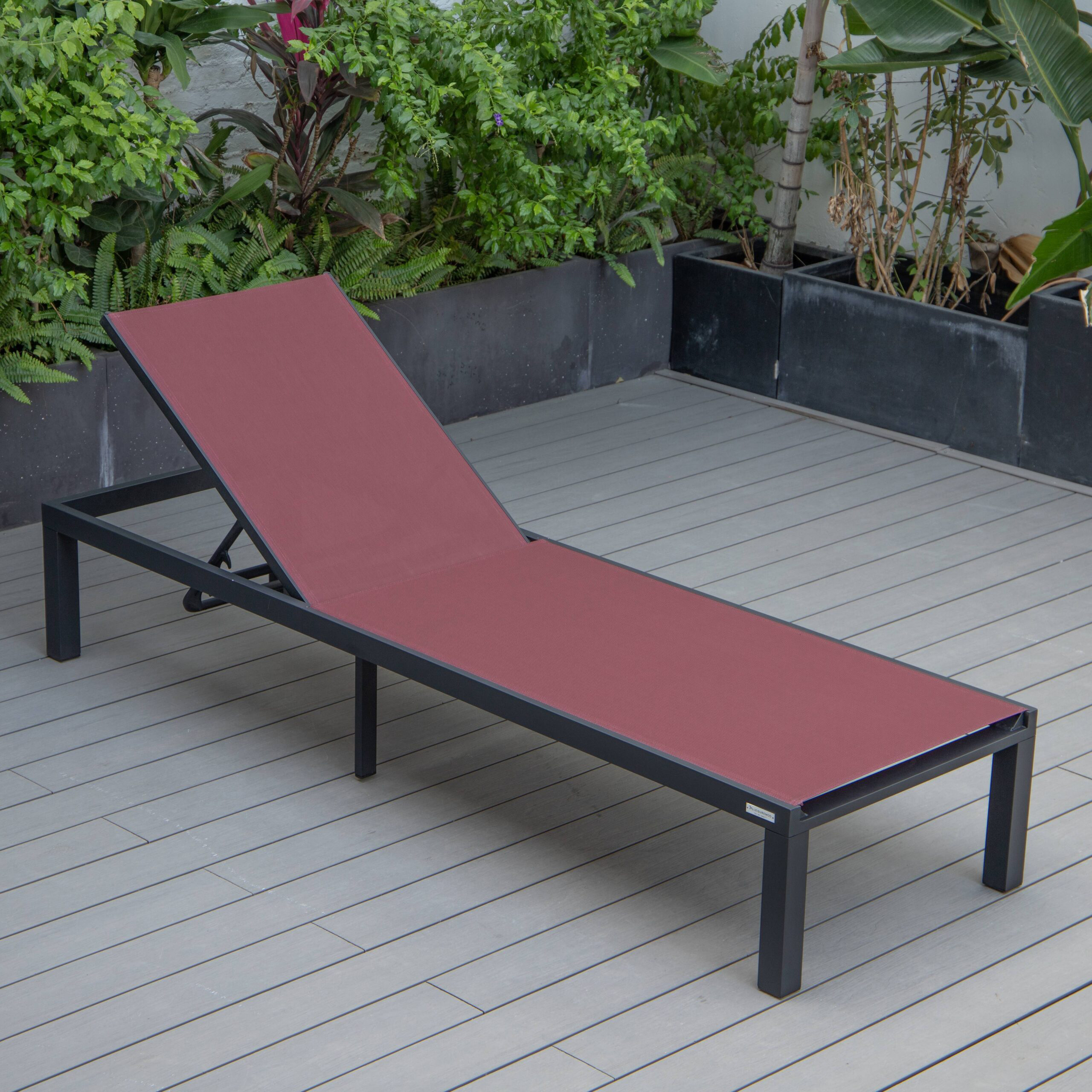 LeisureMod Marlin Patio Chaise Lounge Chair With Black Aluminum Frame - Burgundy