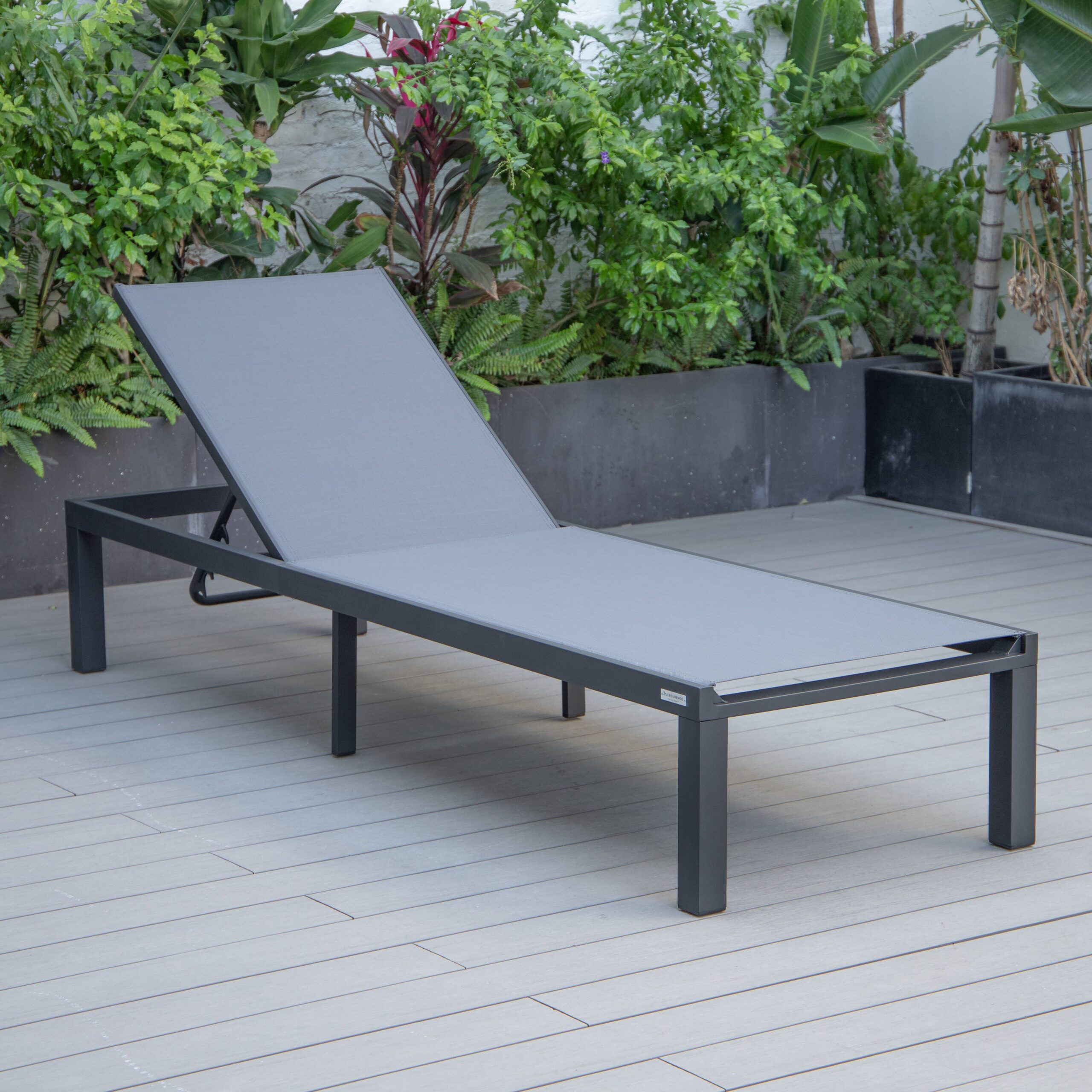 LeisureMod Marlin Patio Chaise Lounge Chair With Black Aluminum Frame - Dark Gray