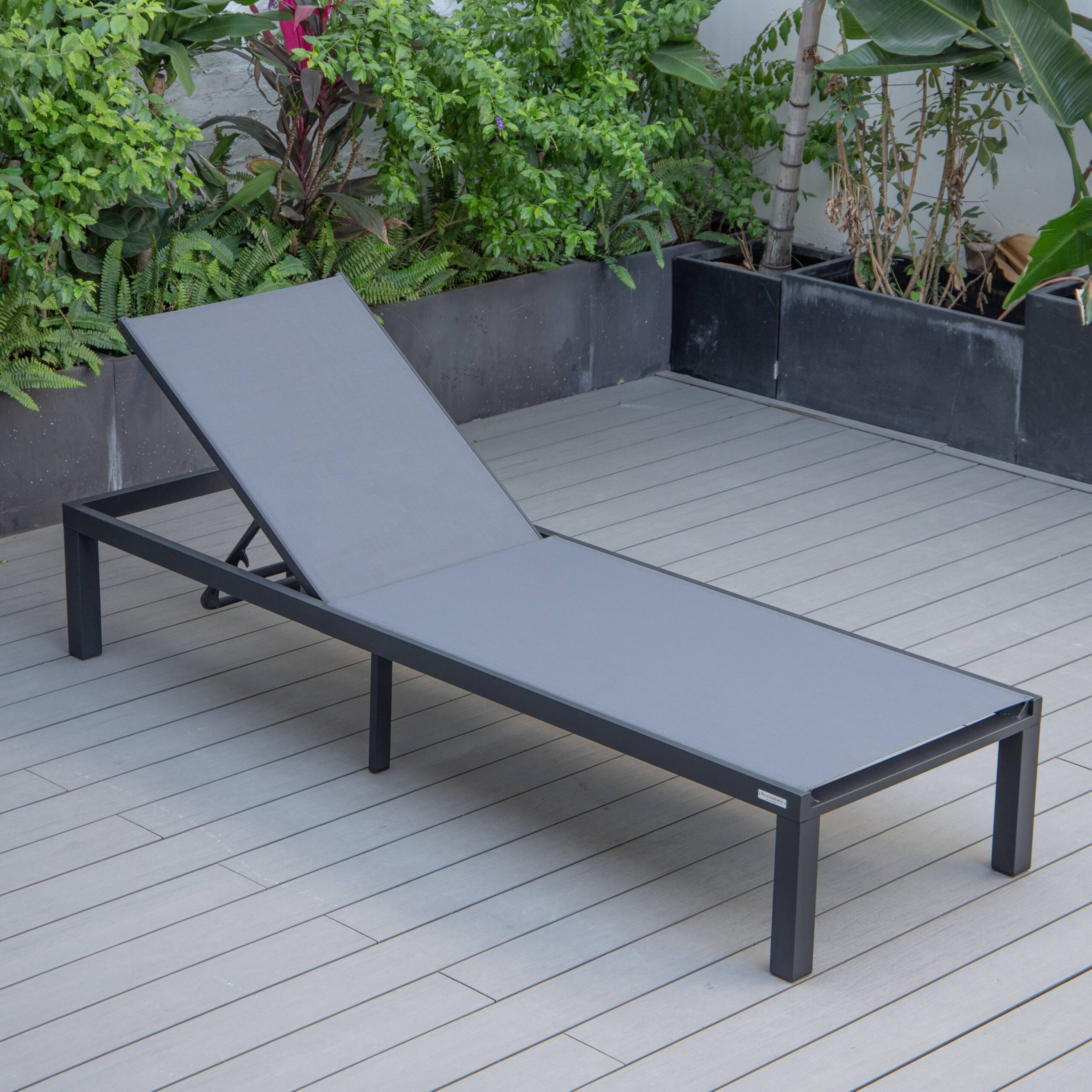 LeisureMod Marlin Patio Chaise Lounge Chair With Black Aluminum Frame - Dark Gray