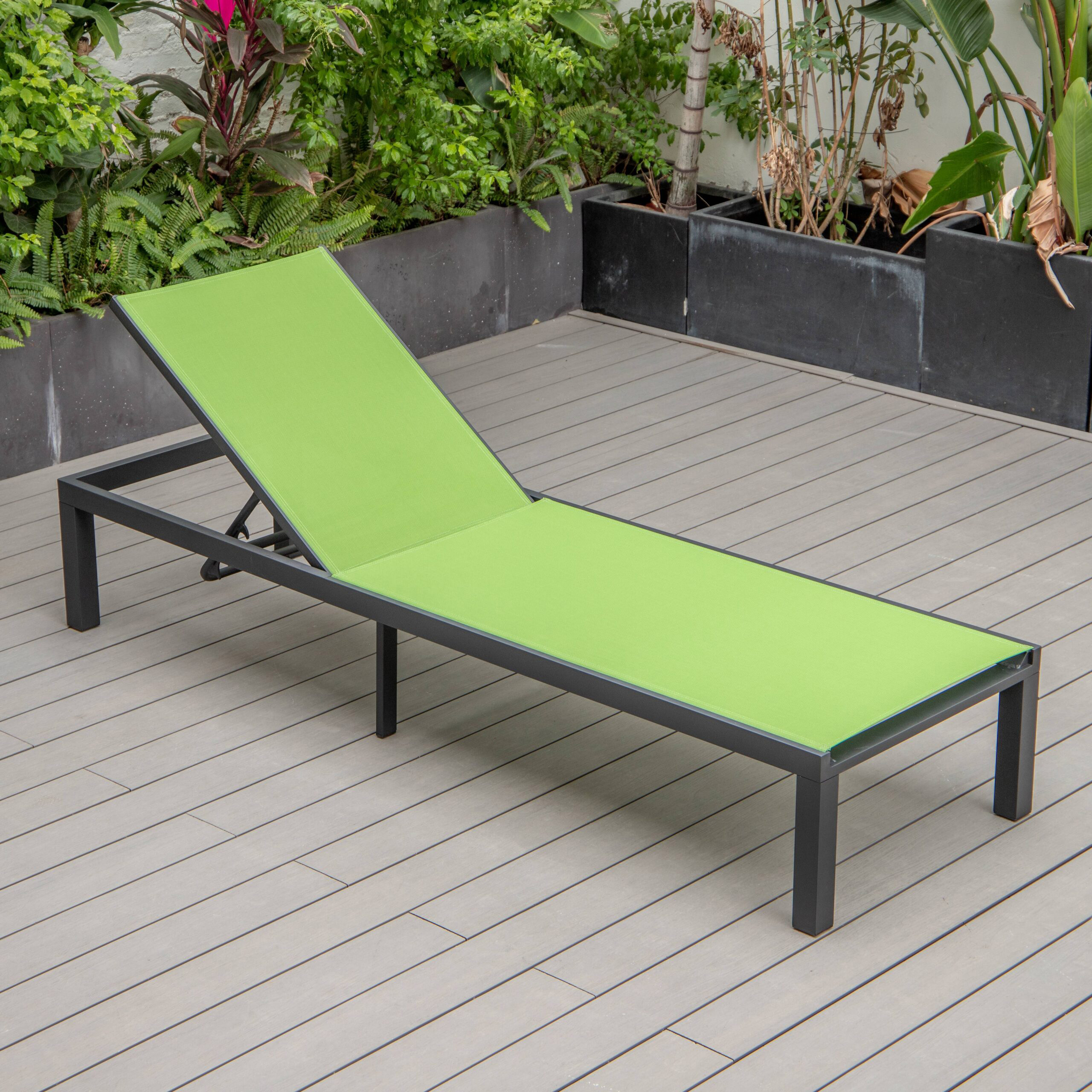 LeisureMod Marlin Patio Chaise Lounge Chair With Black Aluminum Frame - Green