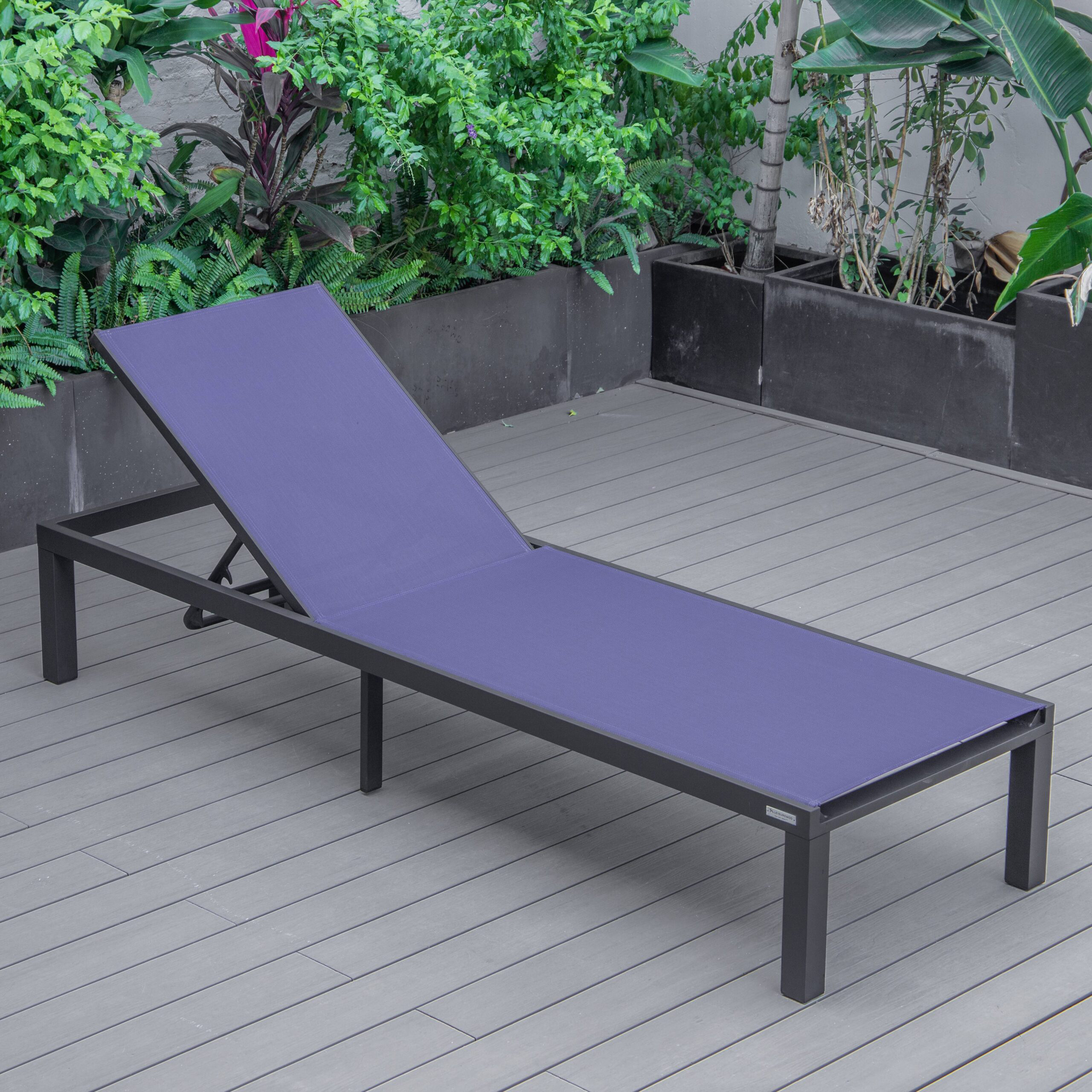 LeisureMod Marlin Patio Chaise Lounge Chair With Black Aluminum Frame - Navy Blue