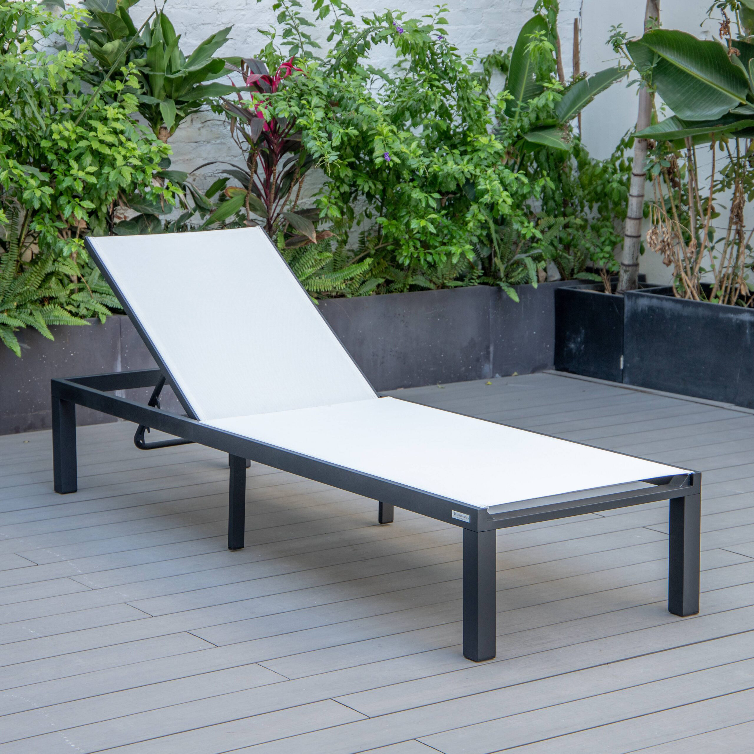 LeisureMod Marlin Patio Chaise Lounge Chair With Black Aluminum Frame - White