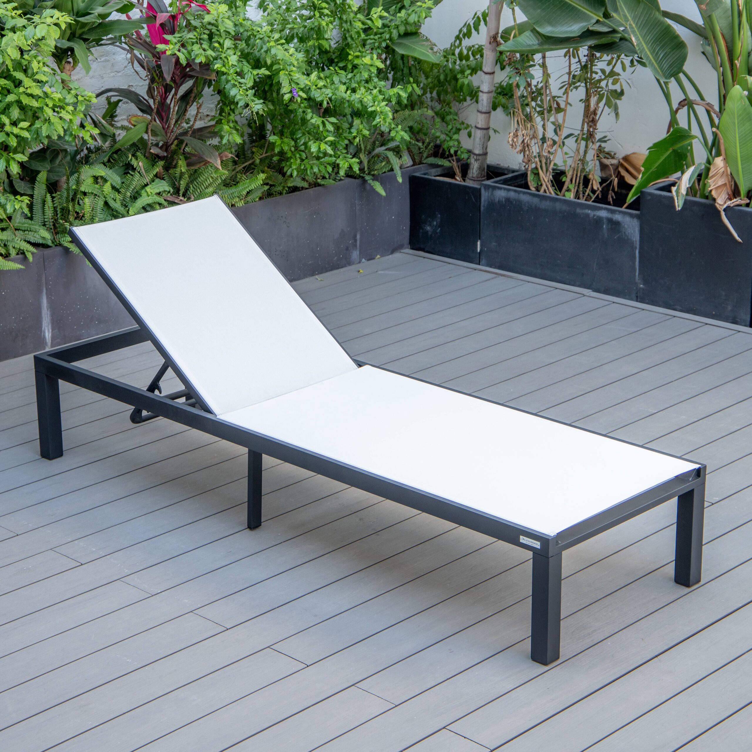 LeisureMod Marlin Patio Chaise Lounge Chair With Black Aluminum Frame - White