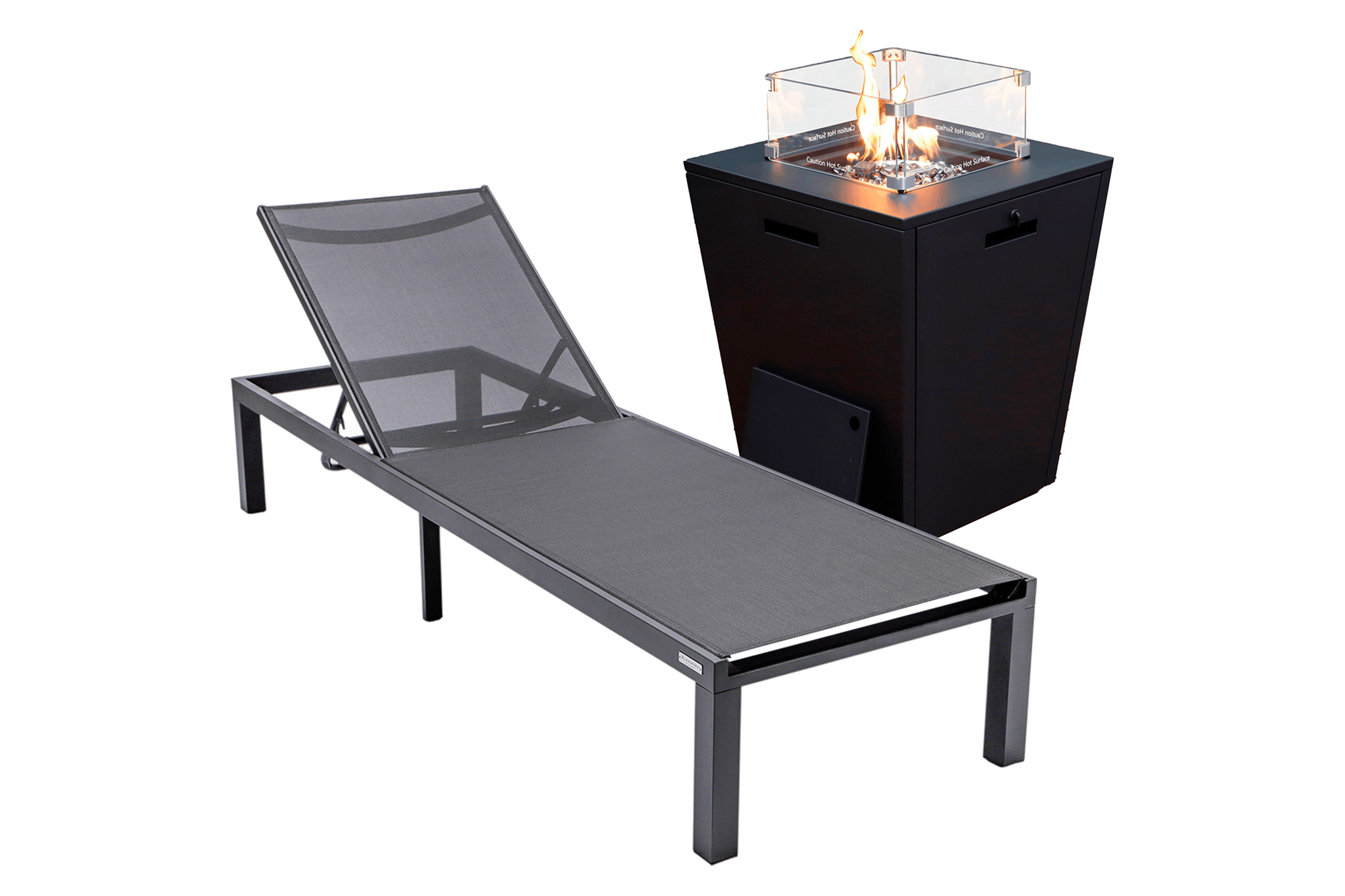 LeisureMod Marlin Modern Black Aluminum Outdoor Patio Chaise Lounge Chair with Square Fire Pit Side Table