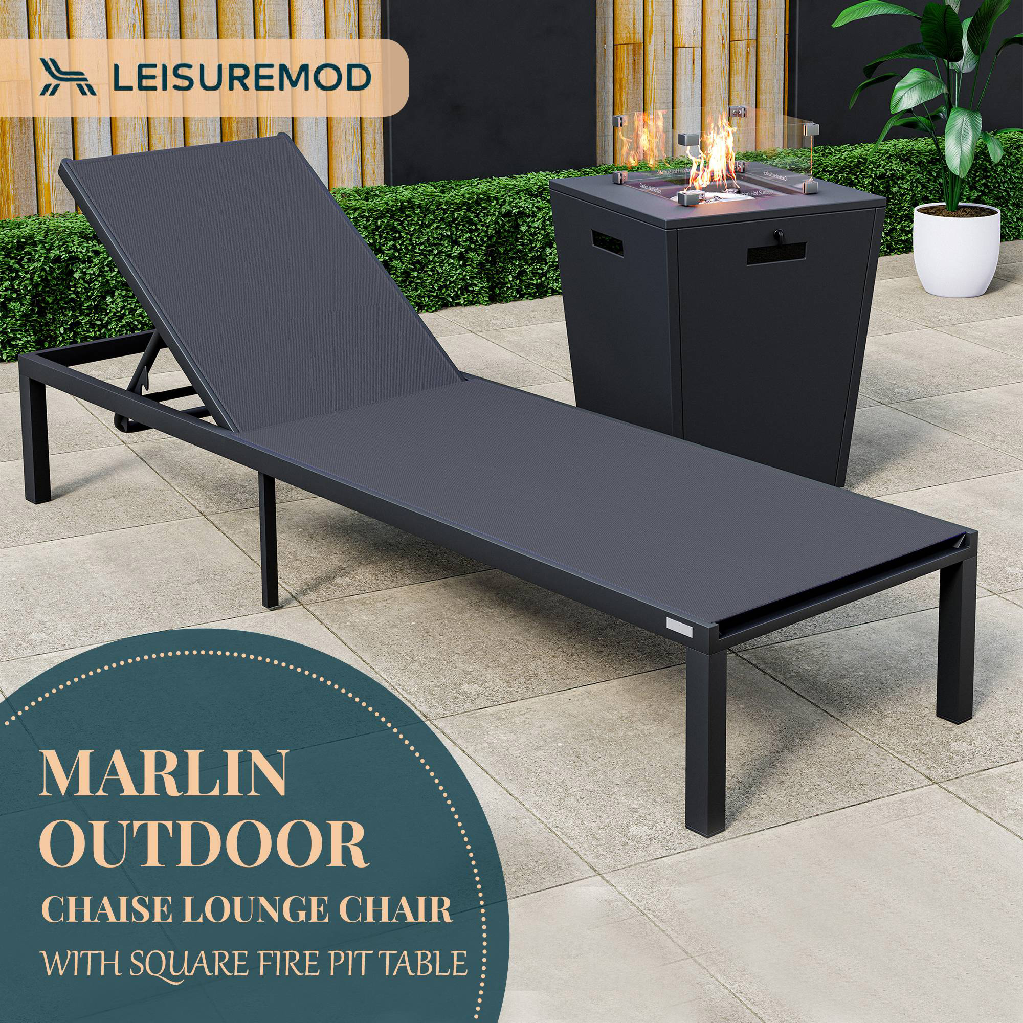 LeisureMod Marlin Modern Black Aluminum Outdoor Patio Chaise Lounge Chair with Square Fire Pit Side Table - Black