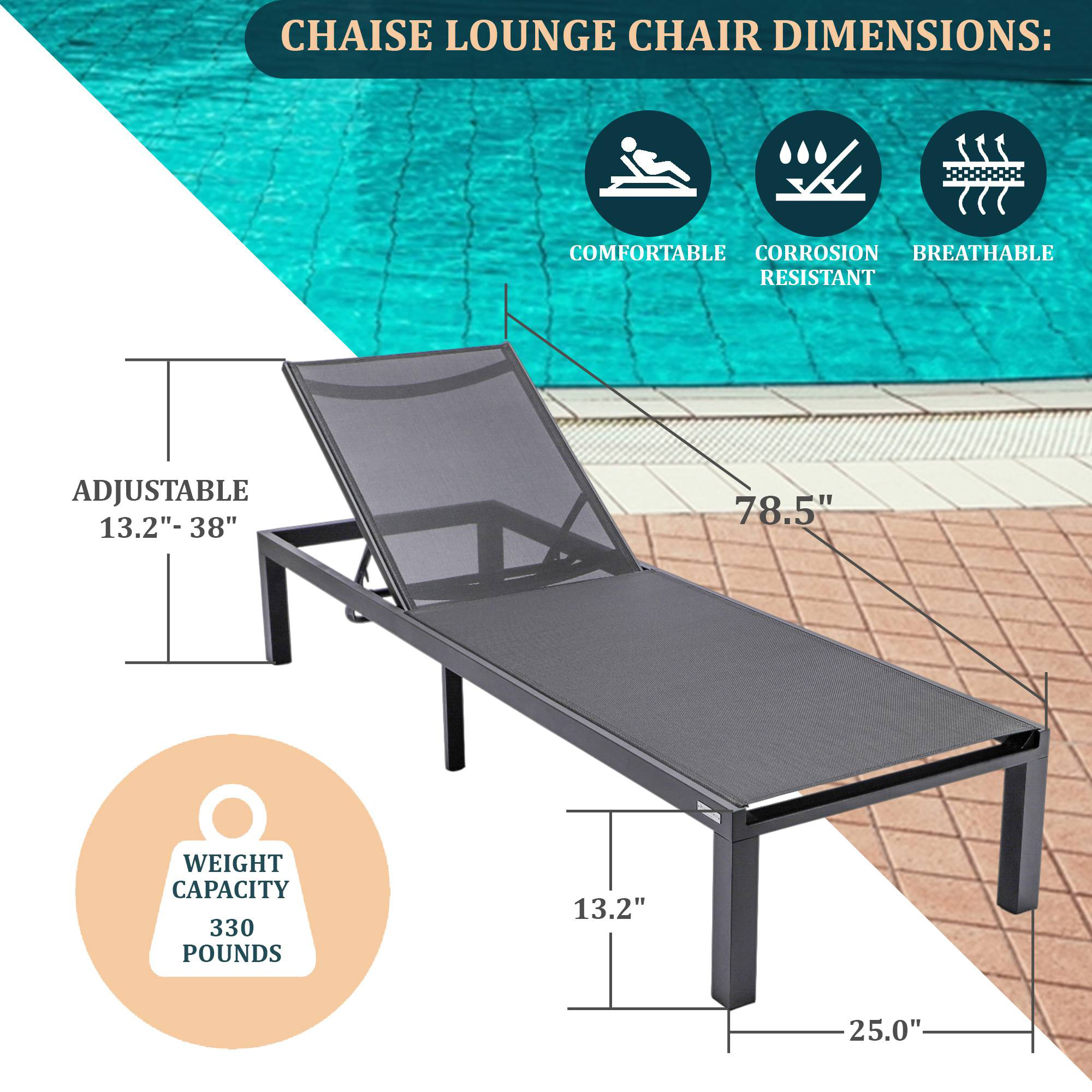 LeisureMod Marlin Modern Black Aluminum Outdoor Patio Chaise Lounge Chair with Square Fire Pit Side Table - Black