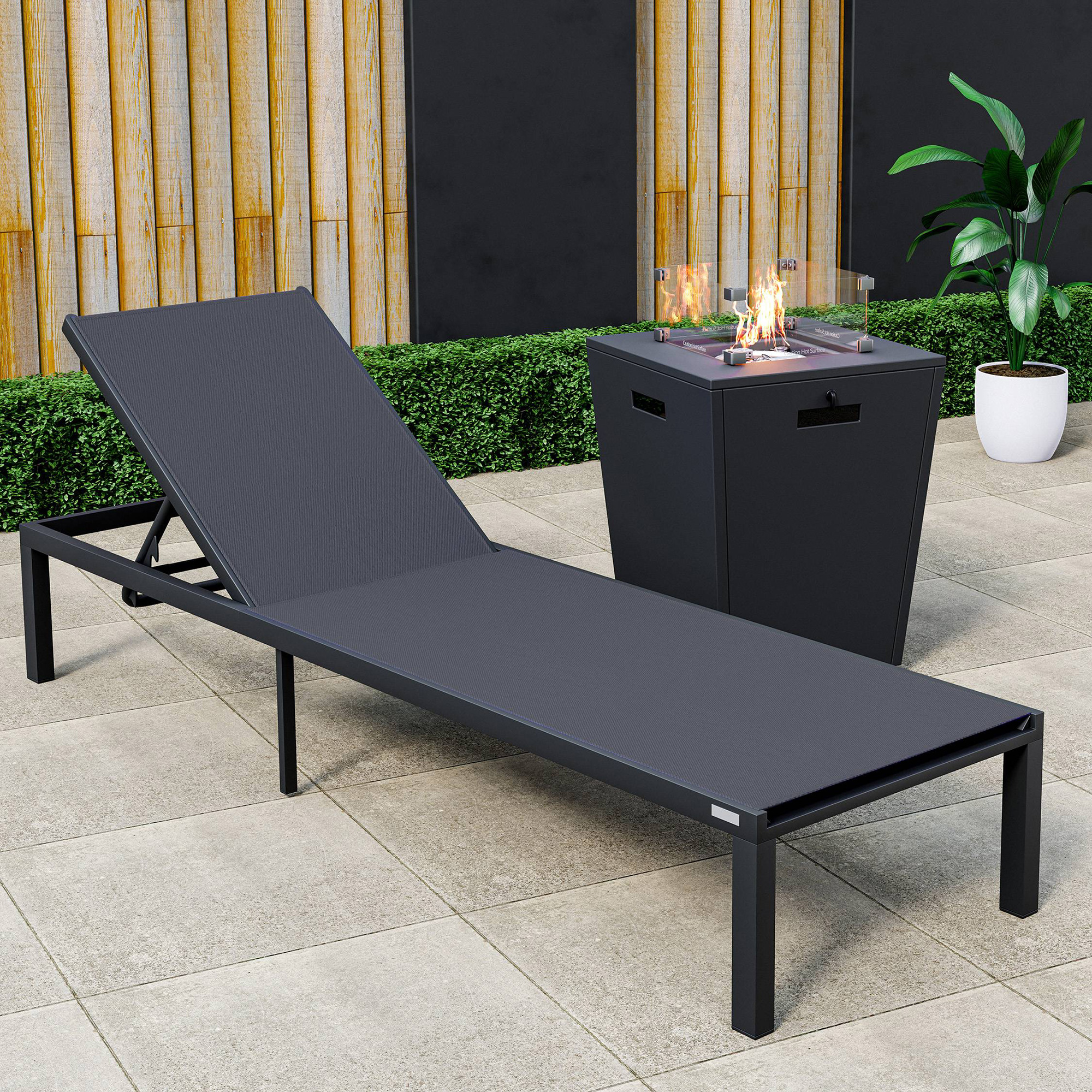 LeisureMod Marlin Modern Black Aluminum Outdoor Patio Chaise Lounge Chair with Square Fire Pit Side Table - Black