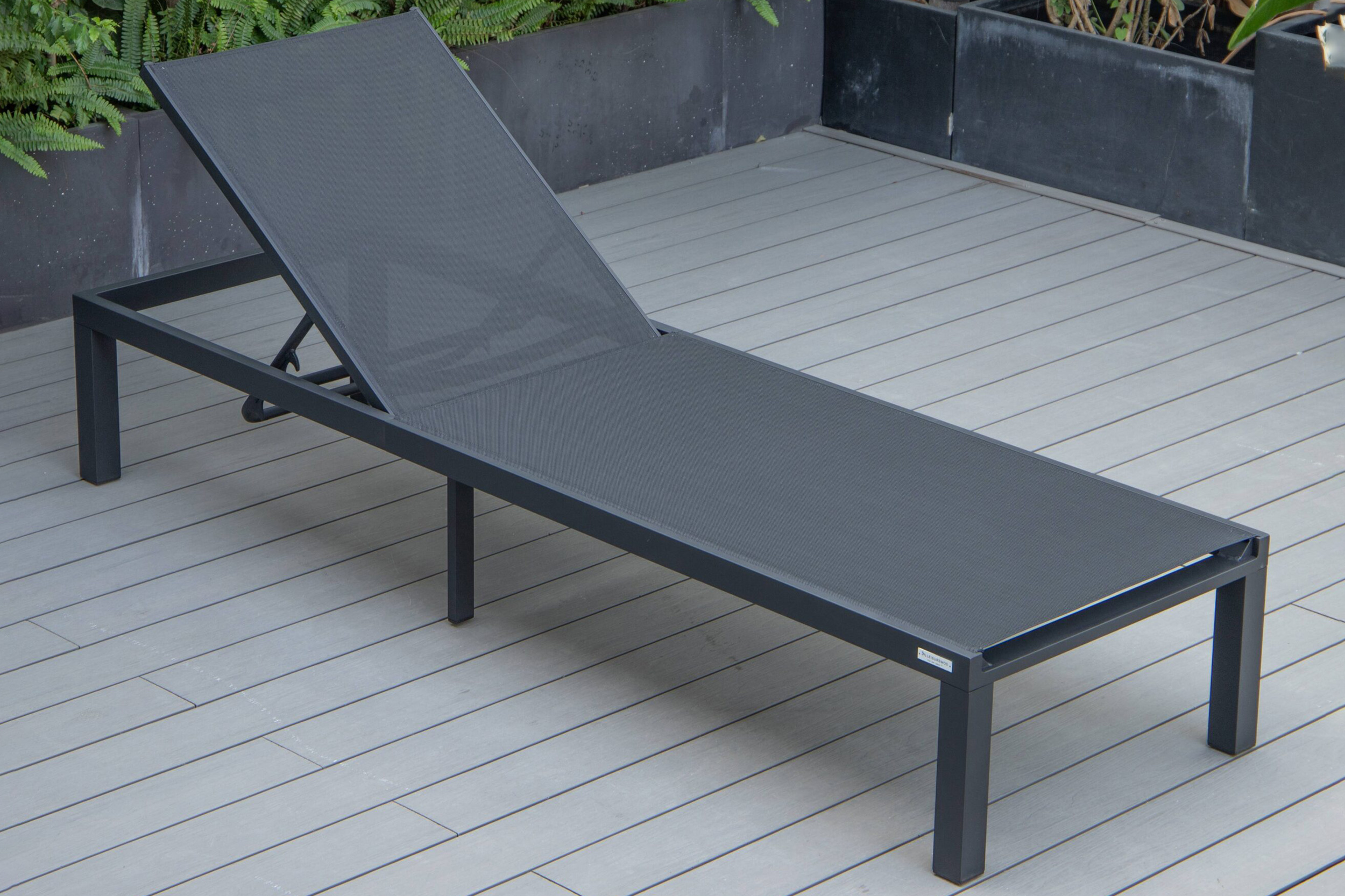 LeisureMod Marlin Modern Black Aluminum Outdoor Patio Chaise Lounge Chair with Square Fire Pit Side Table - Black