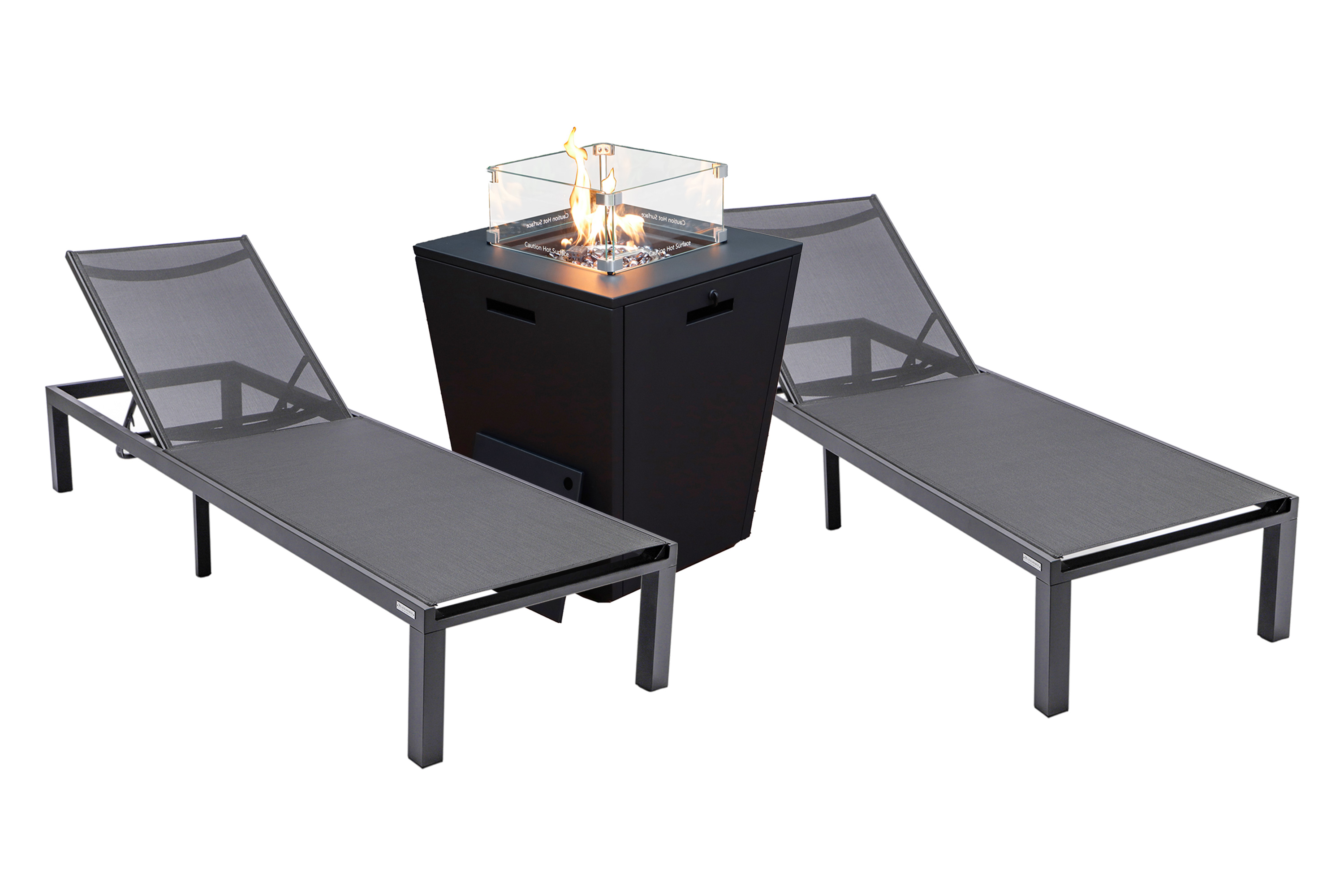 LeisureMod Marlin Modern Black Aluminum Outdoor Chaise Lounge Chair With Square Fire Pit Side Table Set of 2