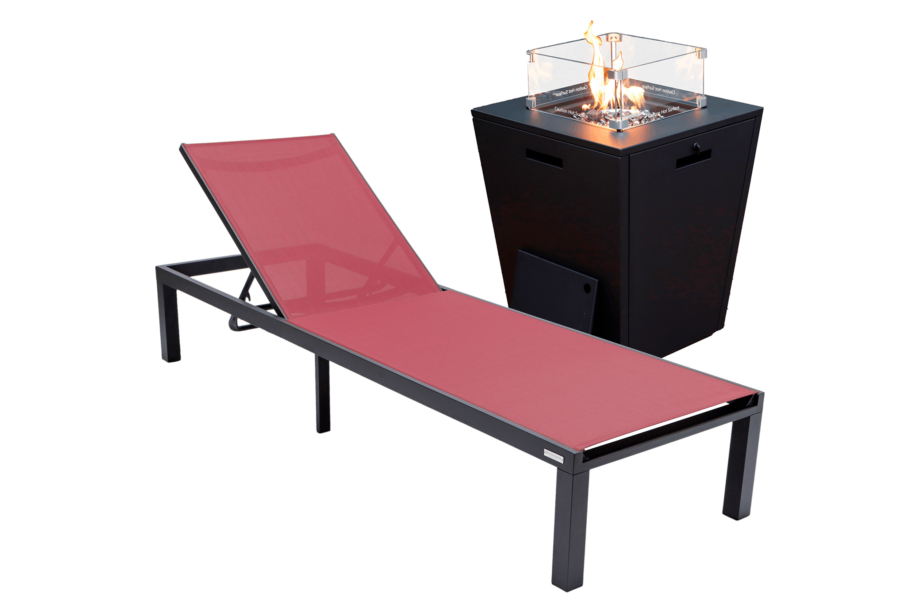 LeisureMod Marlin Modern Black Aluminum Outdoor Patio Chaise Lounge Chair with Square Fire Pit Side Table