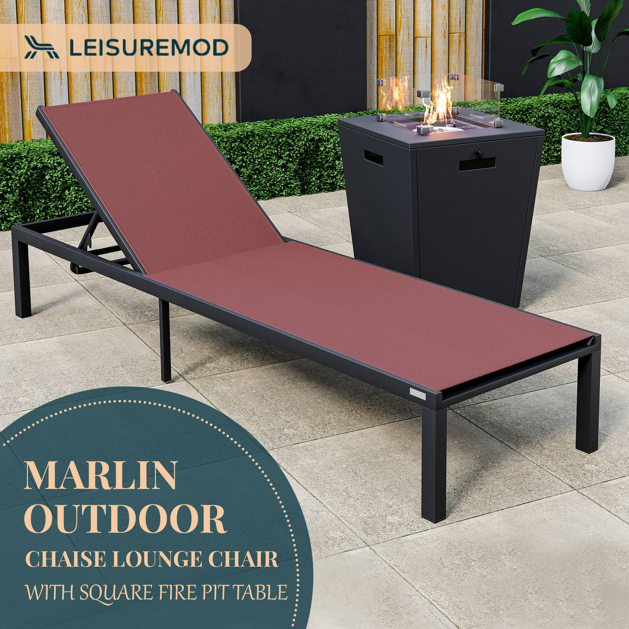 LeisureMod Marlin Modern Black Aluminum Outdoor Patio Chaise Lounge Chair with Square Fire Pit Side Table - Burgundy