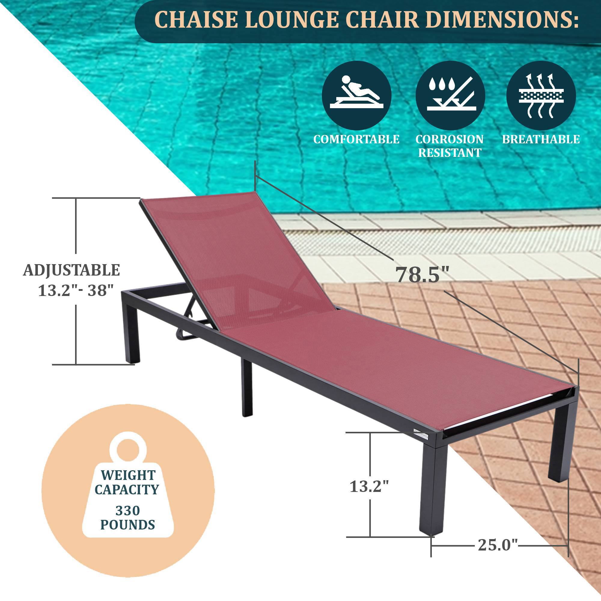 LeisureMod Marlin Modern Black Aluminum Outdoor Patio Chaise Lounge Chair with Square Fire Pit Side Table - Burgundy