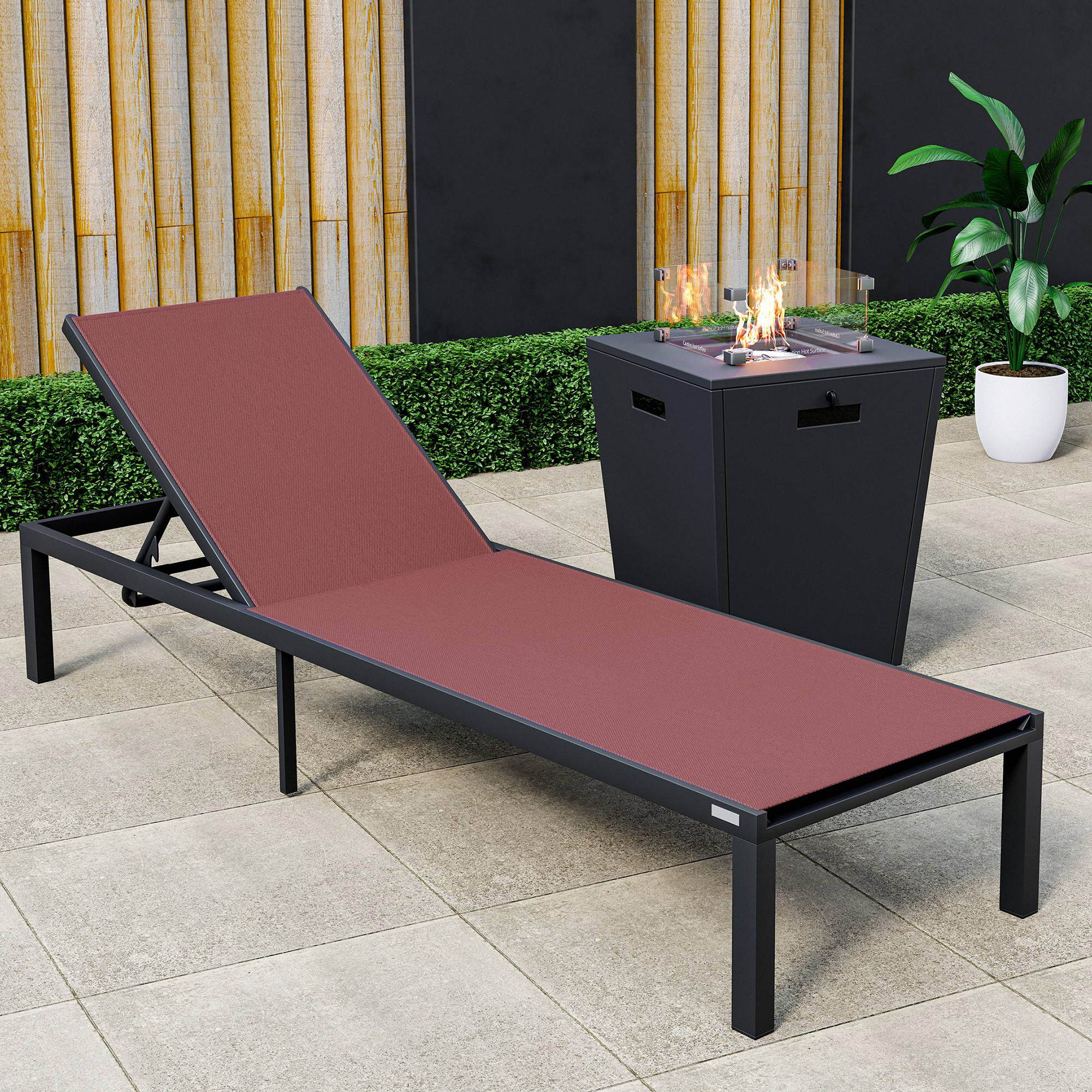 LeisureMod Marlin Modern Black Aluminum Outdoor Patio Chaise Lounge Chair with Square Fire Pit Side Table - Burgundy