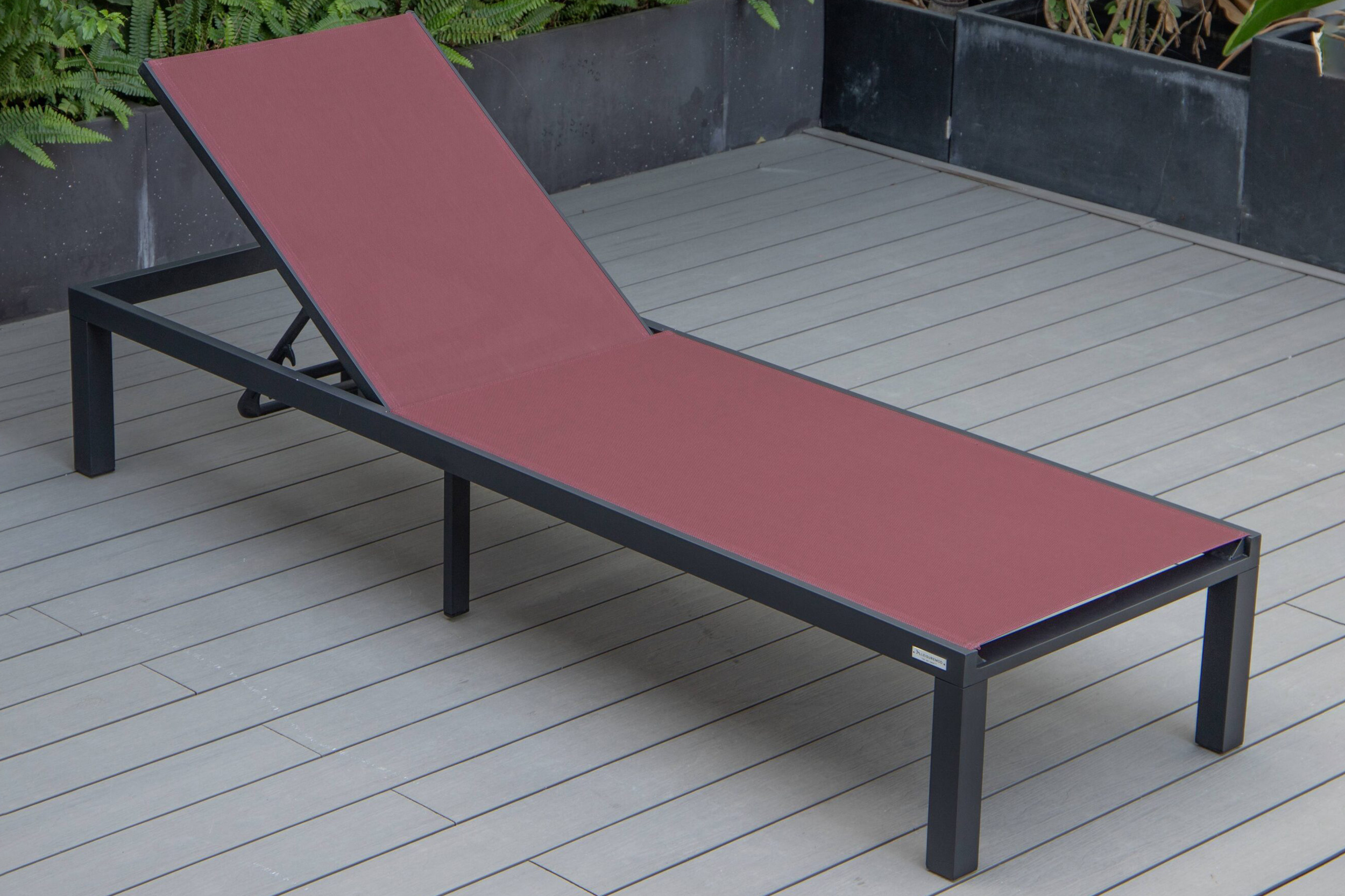 LeisureMod Marlin Modern Black Aluminum Outdoor Patio Chaise Lounge Chair with Square Fire Pit Side Table - Burgundy