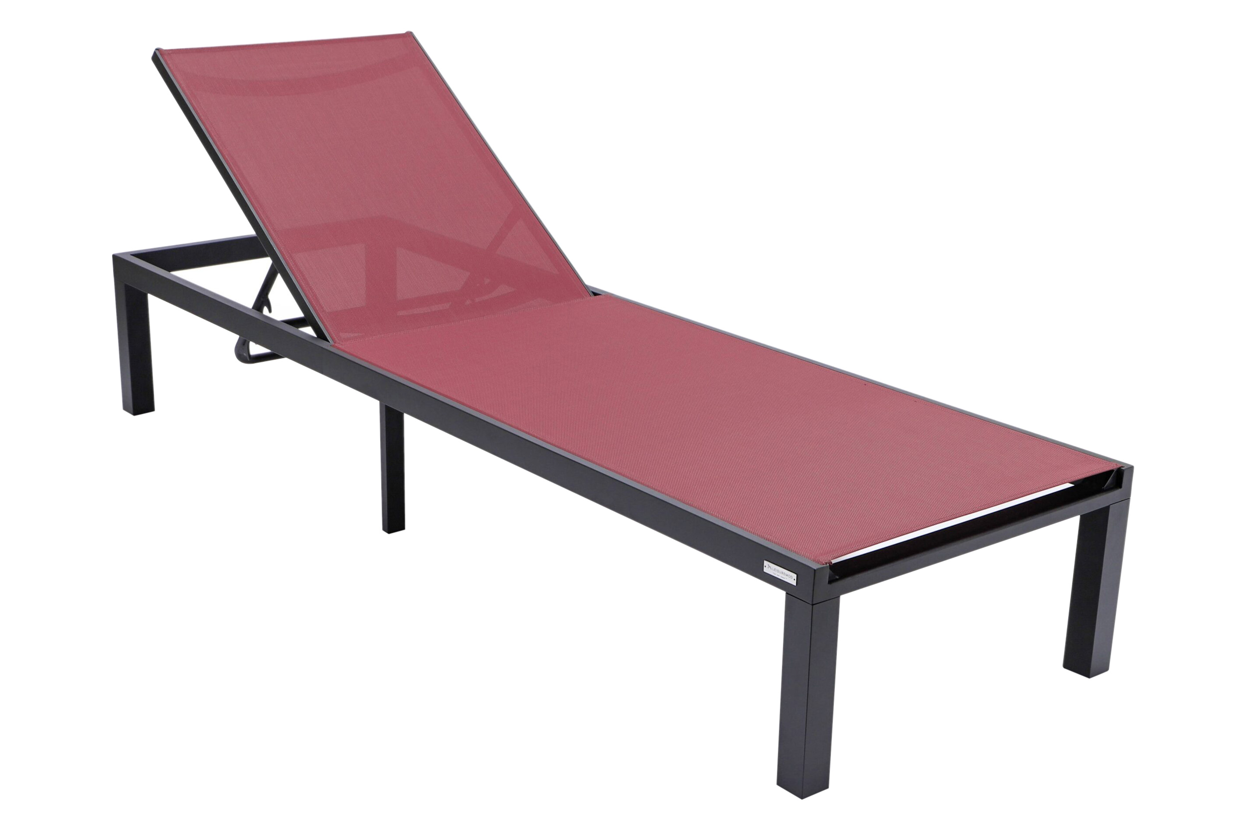 LeisureMod Marlin Modern Black Aluminum Outdoor Patio Chaise Lounge Chair with Square Fire Pit Side Table - Burgundy