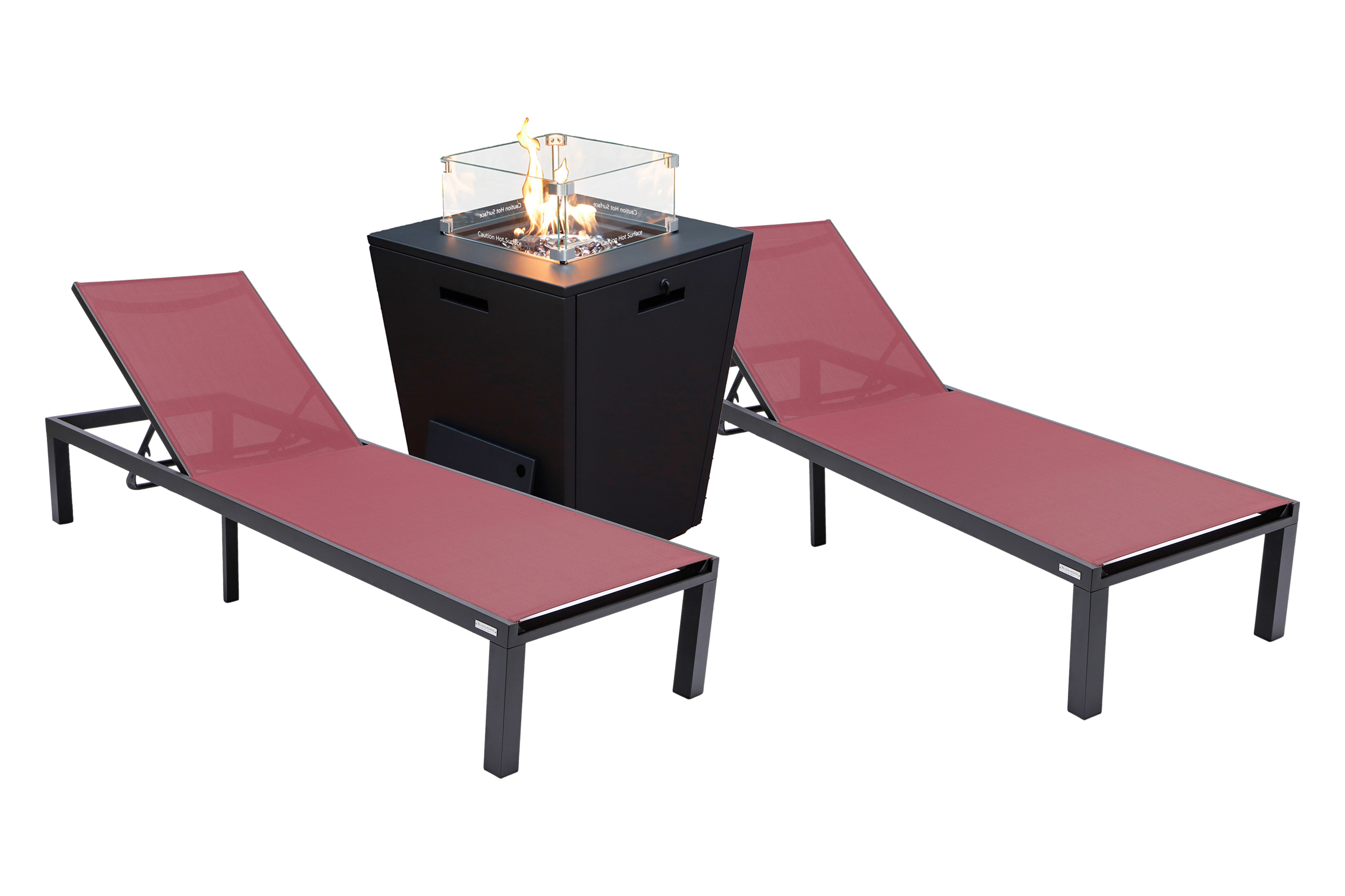 LeisureMod Marlin Modern Black Aluminum Outdoor Chaise Lounge Chair With Square Fire Pit Side Table Set of 2