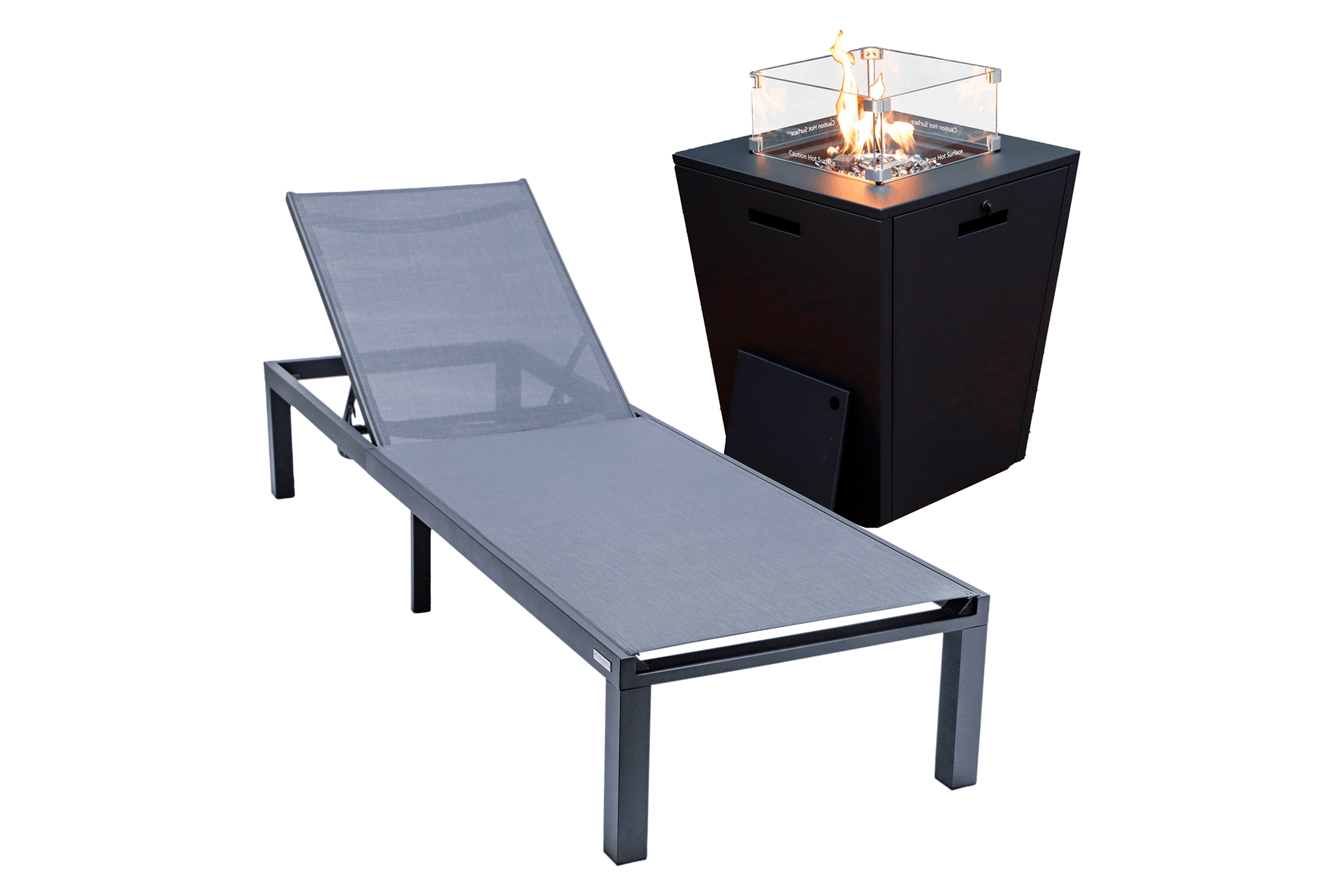 LeisureMod Marlin Modern Black Aluminum Outdoor Patio Chaise Lounge Chair with Square Fire Pit Side Table