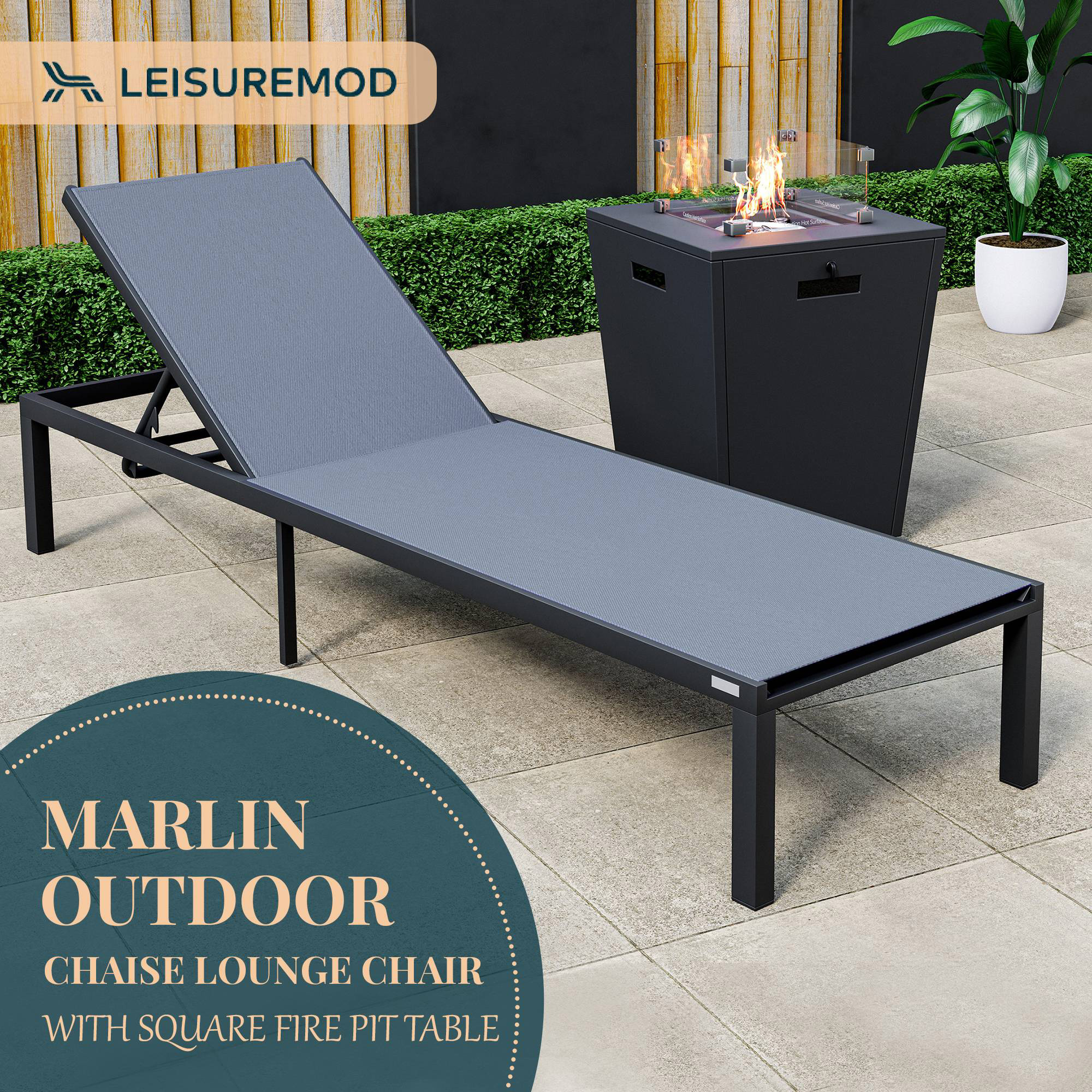 LeisureMod Marlin Modern Black Aluminum Outdoor Patio Chaise Lounge Chair with Square Fire Pit Side Table - Dark Gray