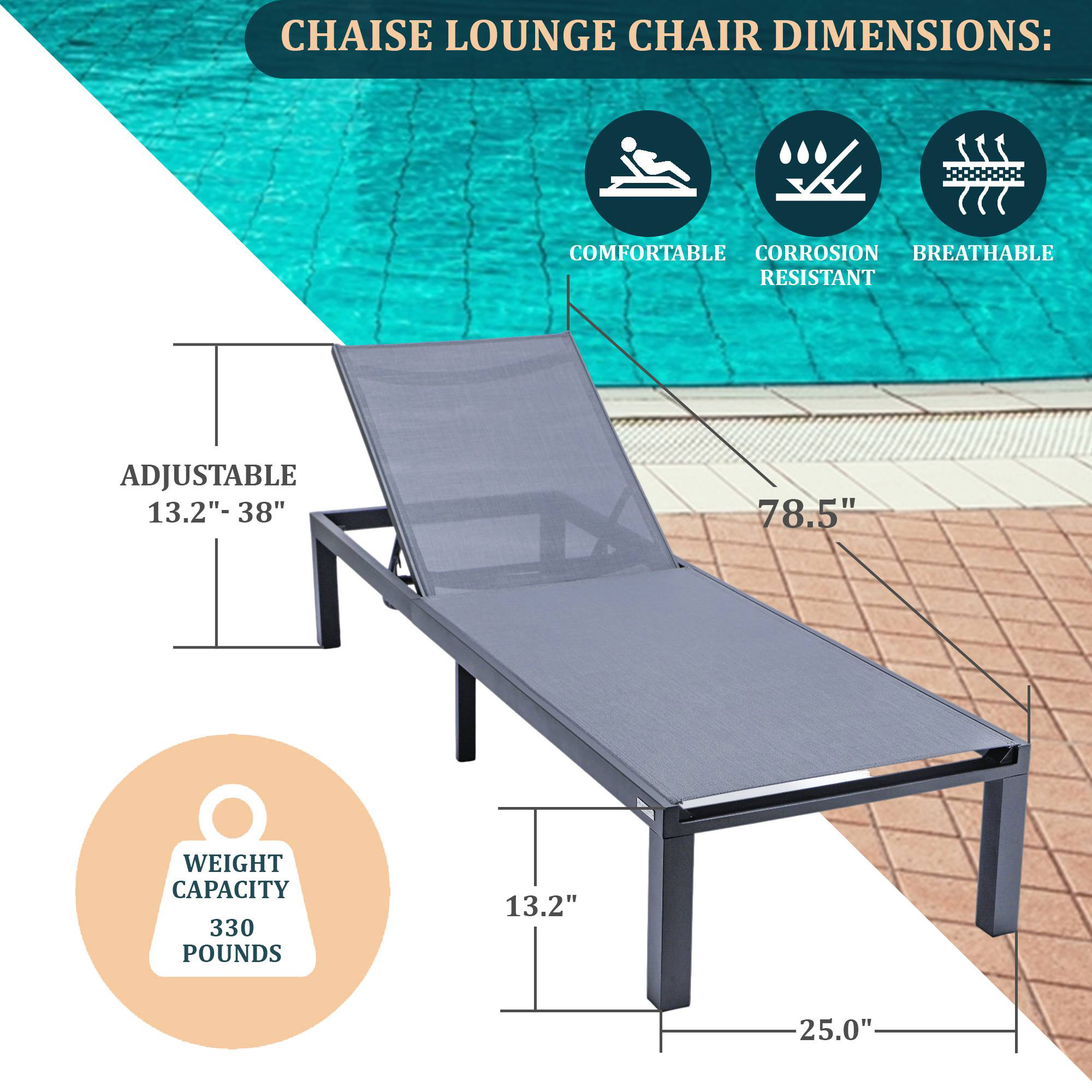 LeisureMod Marlin Modern Black Aluminum Outdoor Patio Chaise Lounge Chair with Square Fire Pit Side Table - Dark Gray